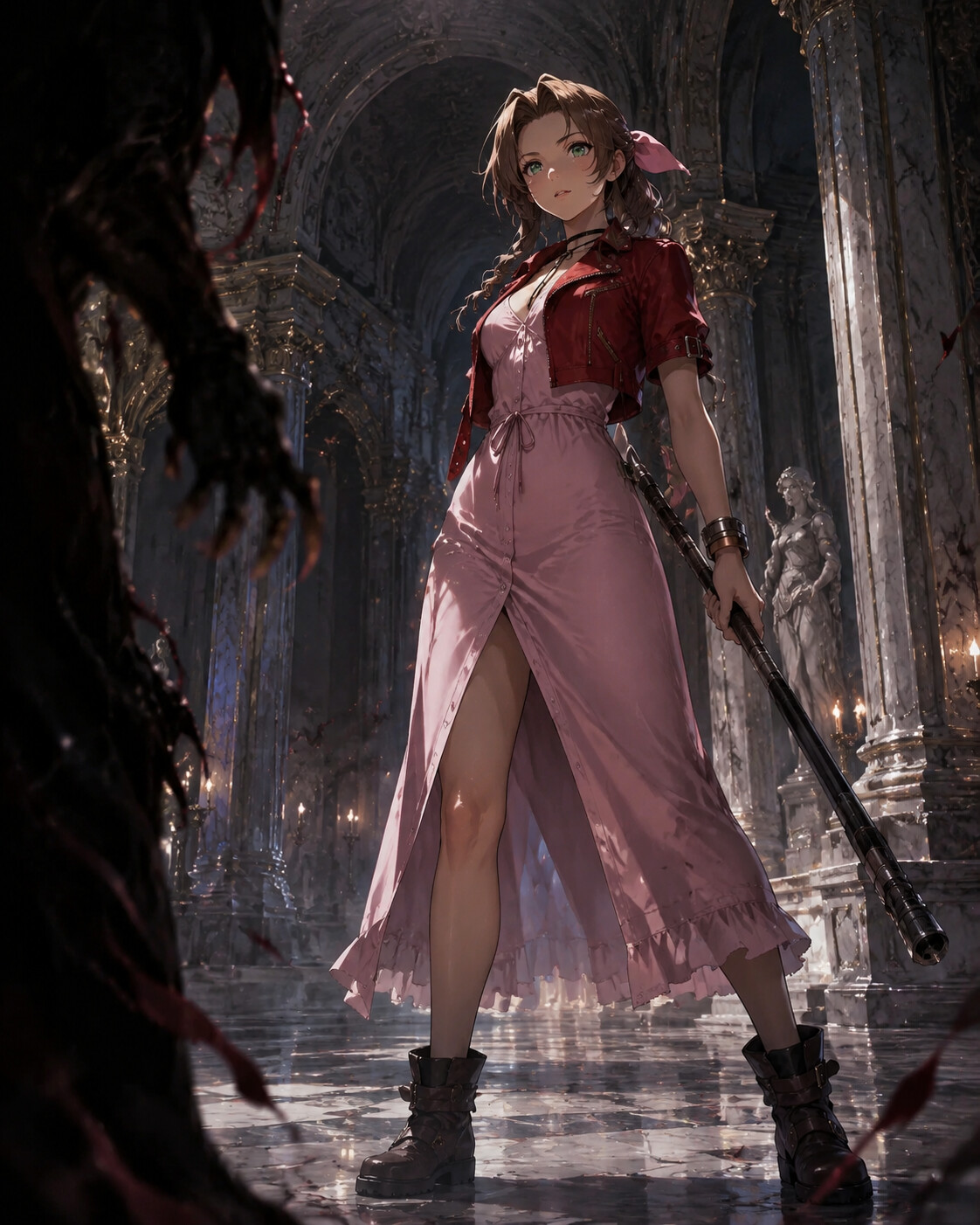 Staring defiantly at a dark threat in a majestic white marble temple hallway (cinematic fantasy art)
