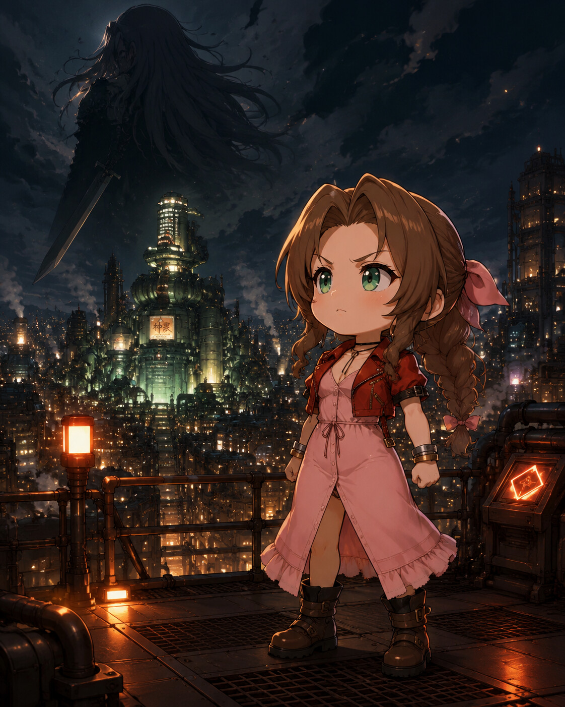 Staring defiantly at a dark threat on a high-tech platform overlooking Midgar at night (chibi style illustration)
