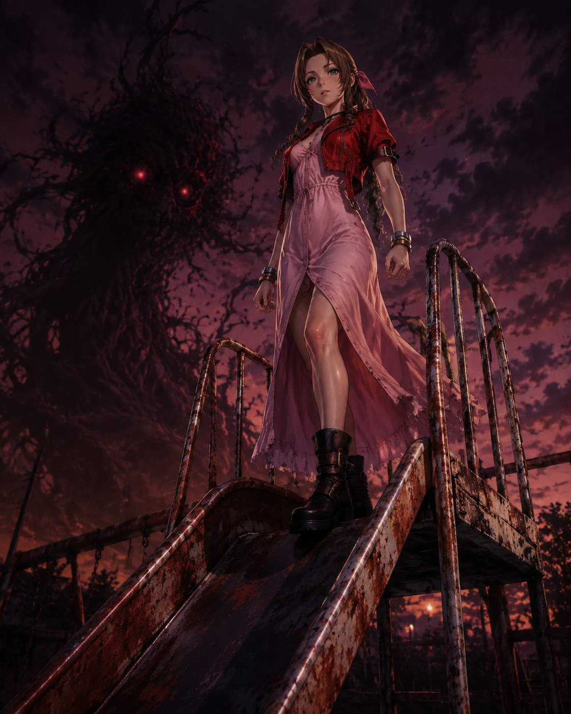 Staring defiantly at a dark threat On a rusted playground slide at twilight (cinematic fantasy art, dramatic moody lighting)