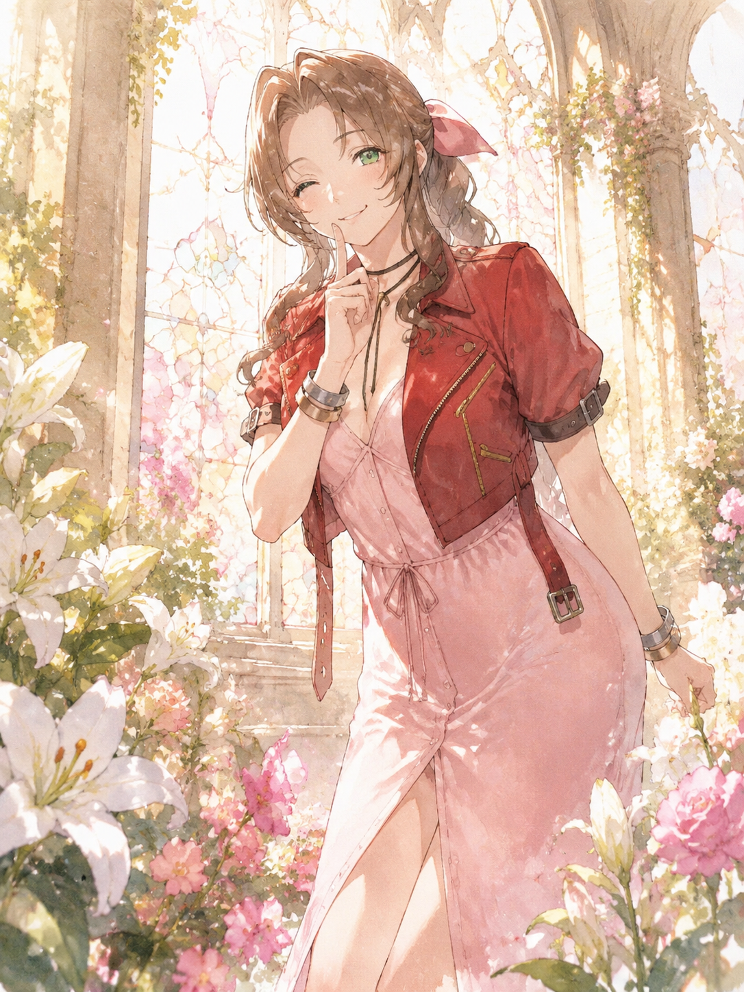 Teasing a friend with a playful wink In a sun-drenched flower garden within a church (ethereal watercolor anime, soft glowing lighting)