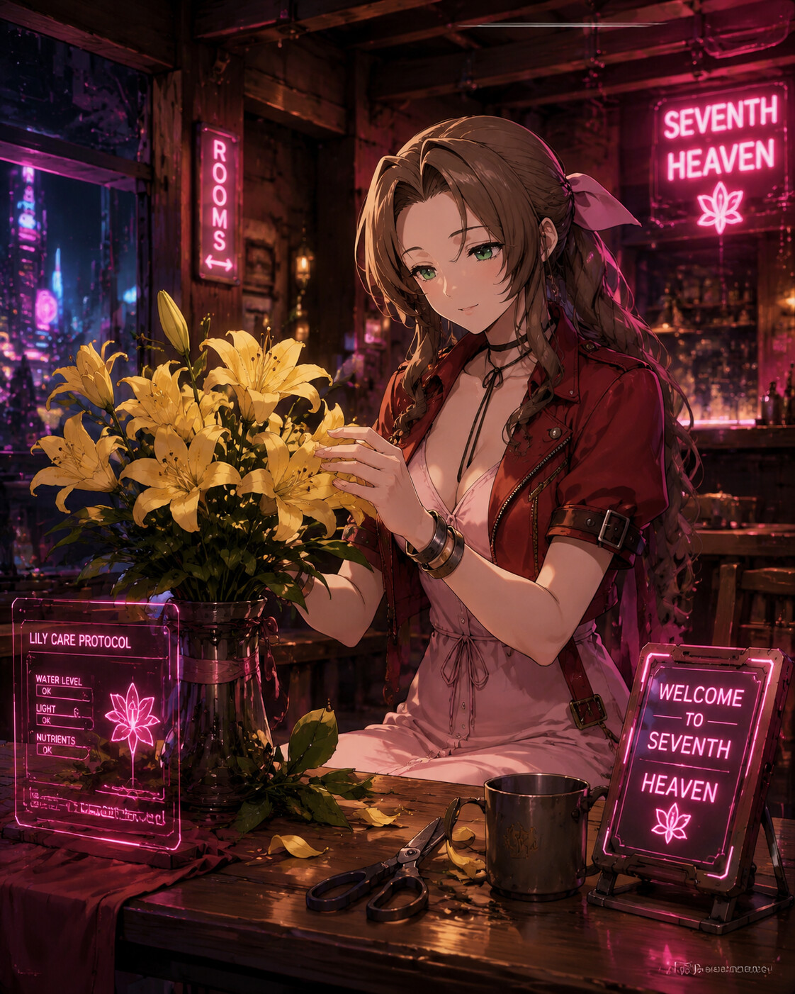 Tending to a bouquet of yellow lilies at a cozy wooden table inside an inn (cyberpunk digital art)