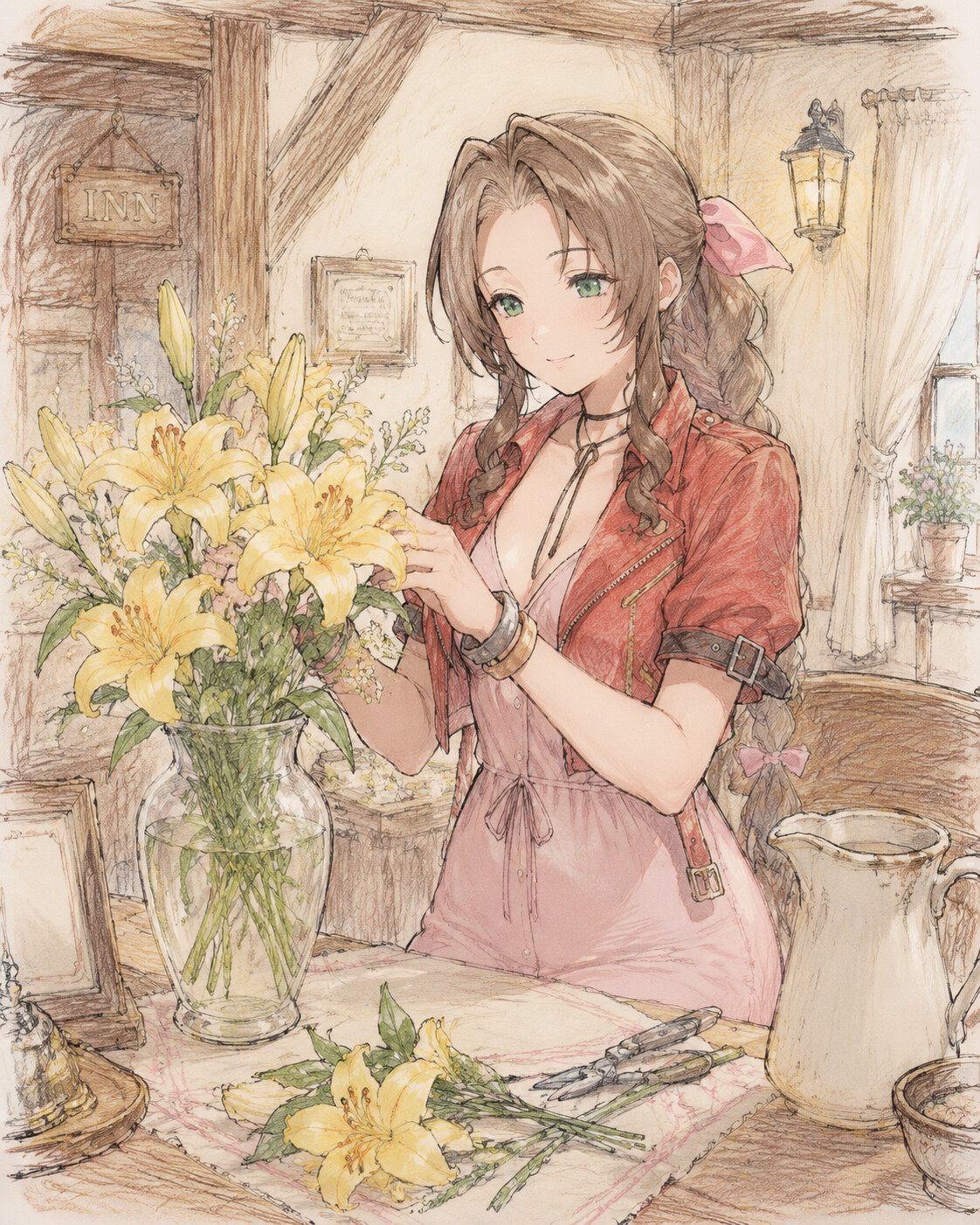 Tending to a bouquet of yellow lilies at a cozy wooden table inside an inn (soft pastel sketchbook)