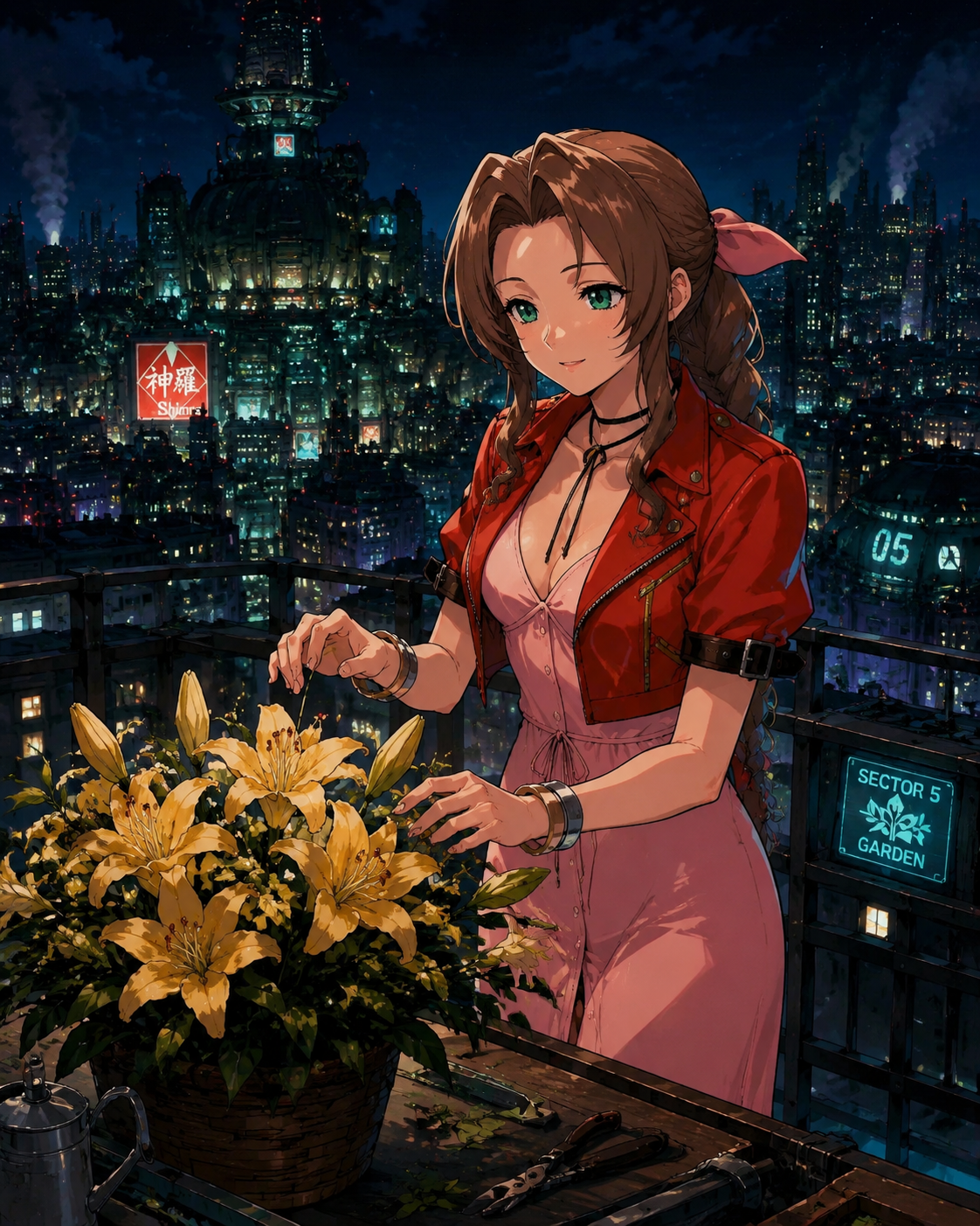 Tending to a bouquet of yellow lilies On a high-tech platform overlooking Midgar at night (detailed 90s retro anime style, vibrant colors)