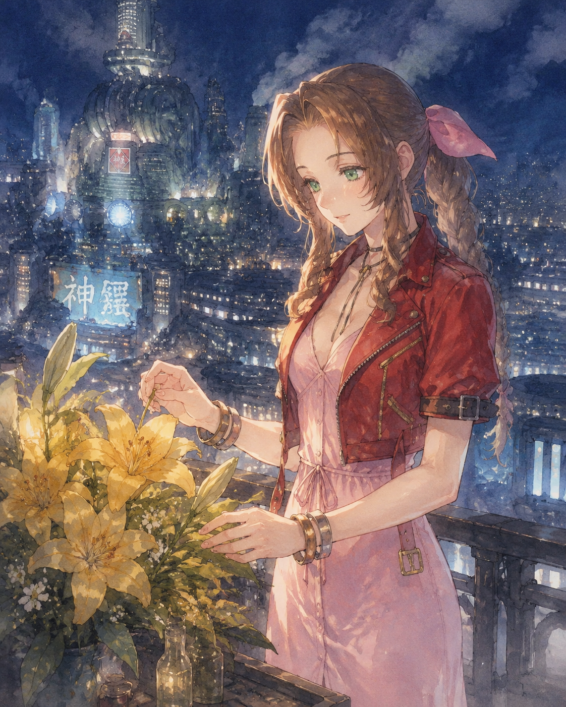 Tending to a bouquet of yellow lilies On a high-tech platform overlooking Midgar at night (ethereal watercolor anime, soft glowing lighting)