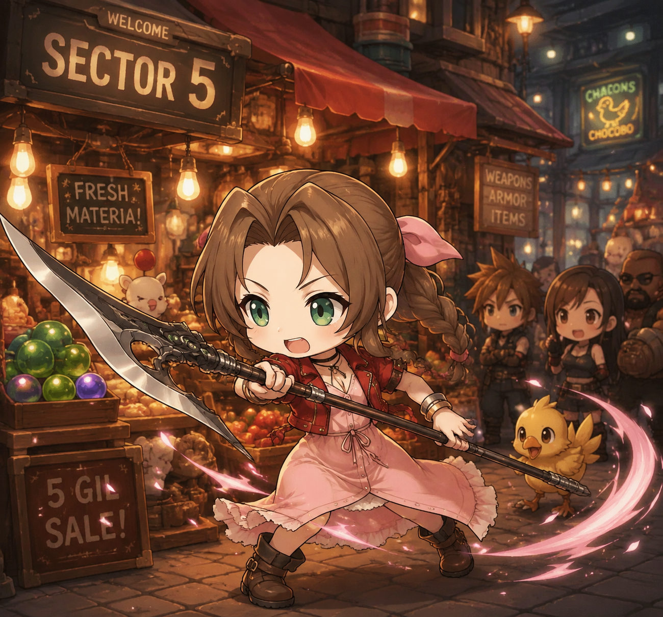 Wielding a bladed staff in combat At a bustling Sector 5 market stall (chibi style illustration, warm cozy aesthetic)