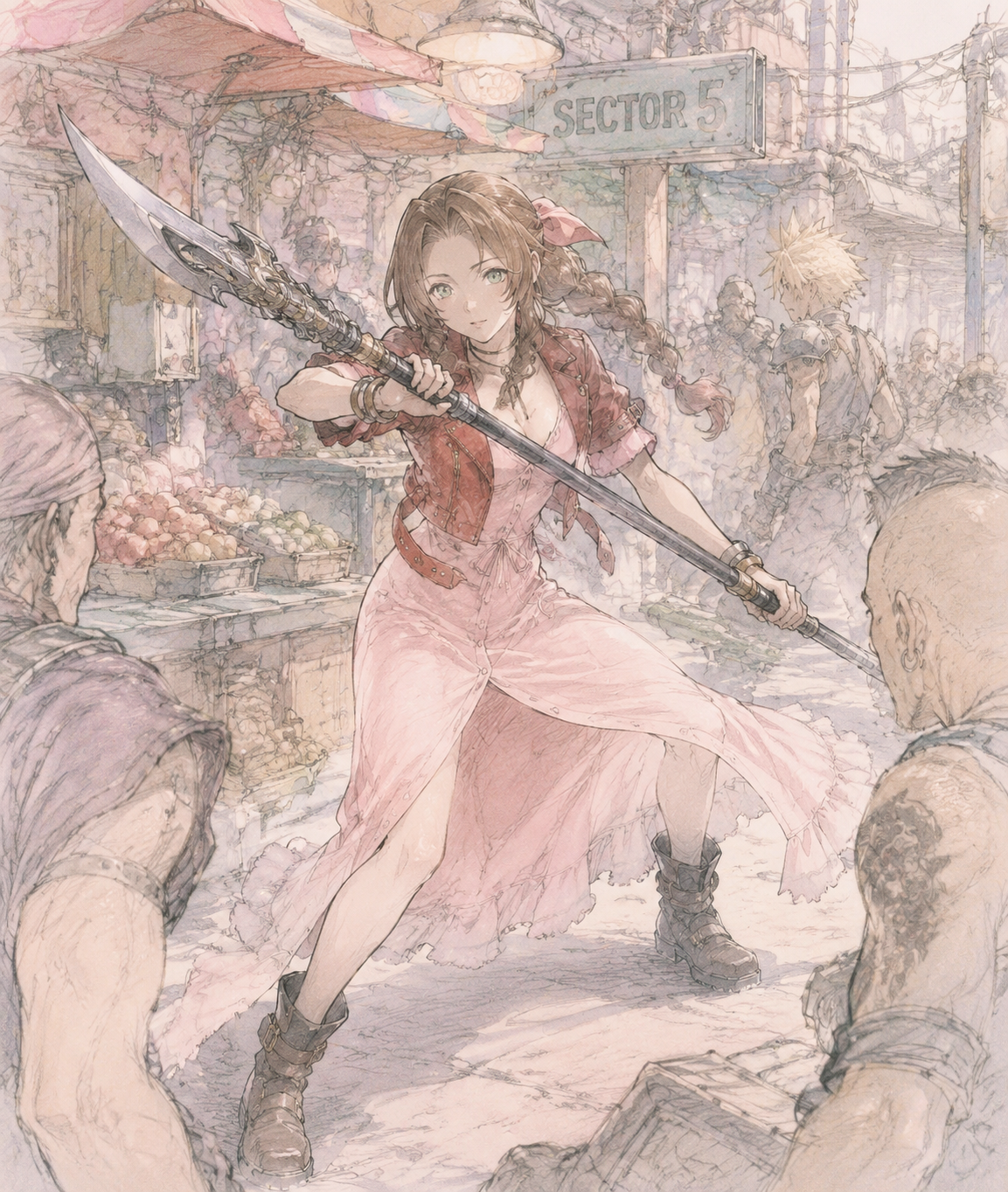 Wielding a bladed staff in combat At a bustling Sector 5 market stall (soft pastel sketchbook, delicate pencil lines)