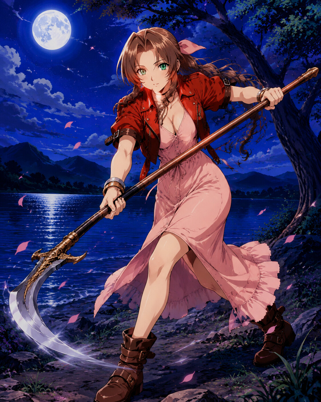 Wielding a bladed staff in combat at a quiet lakeside under a silver moon (detailed 90s retro anime style)