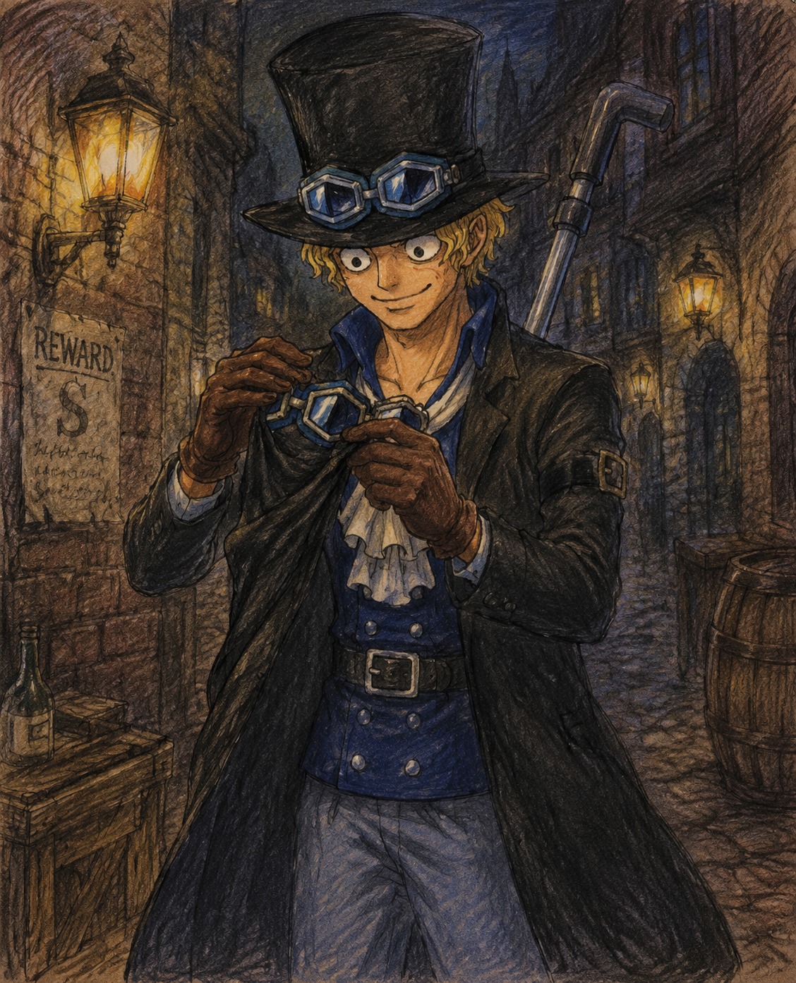Cleaning his goggles with the edge of his coat In a dark alleyway lit by flickering lamps (whimsical storybook illustration, soft pencil lines)