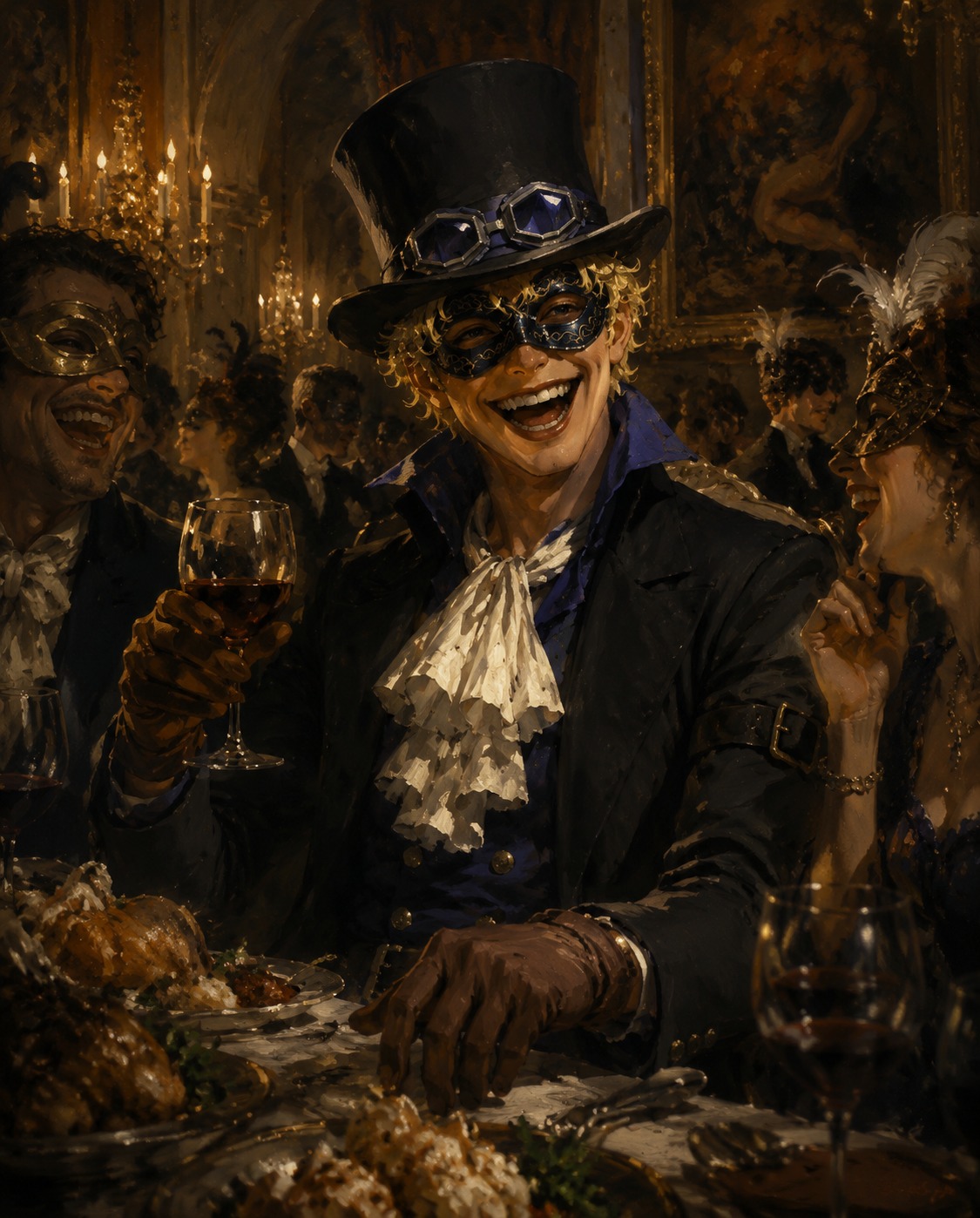 Laughing while sharing a meal with friends At a high-end gala behind a masquerade mask (epic oil painting, dramatic chiaroscuro lighting)