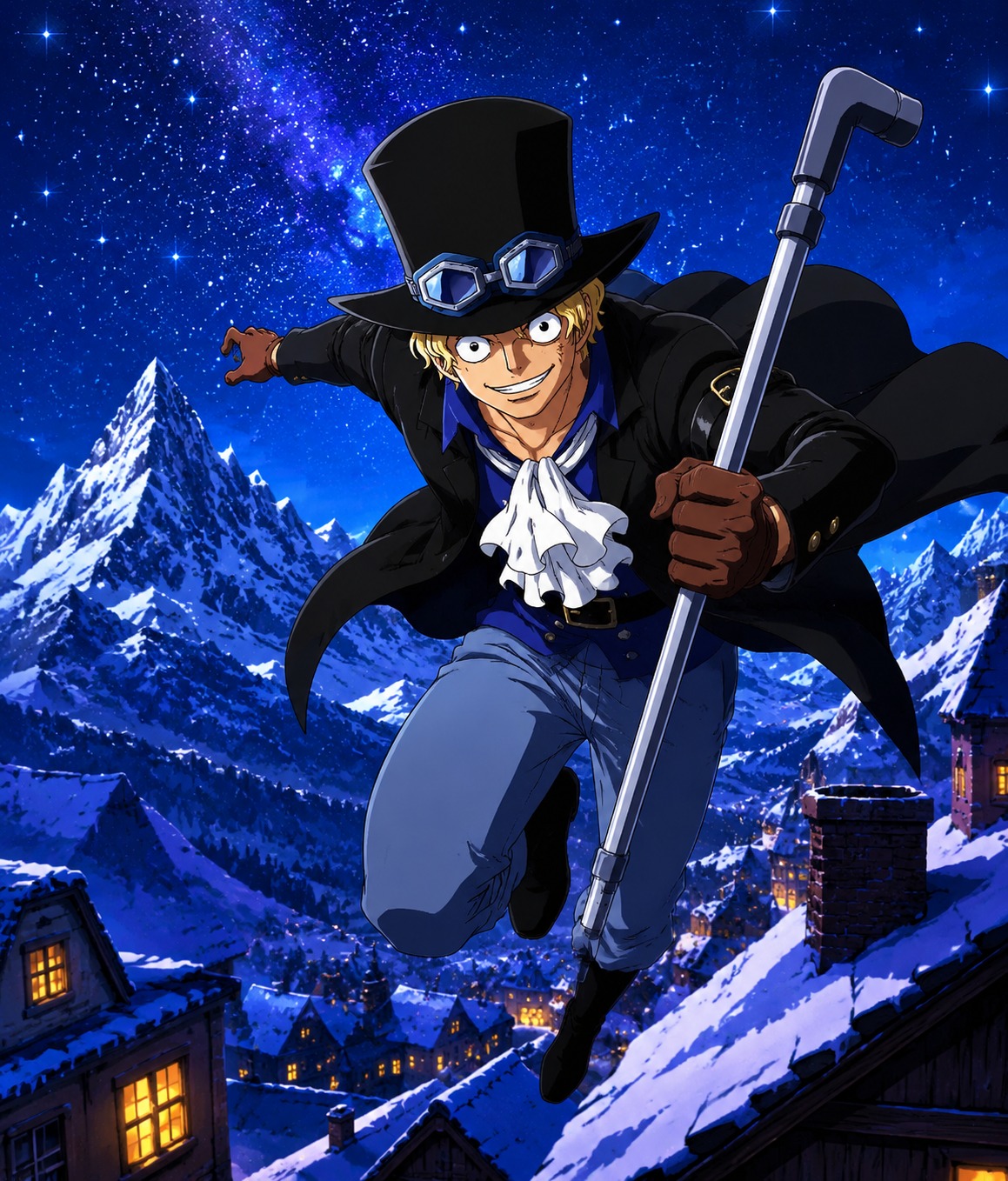 Leaping between rooftops while holding his iron pipe On a snowy mountain peak under the stars (bold cel-shaded anime, high saturation)