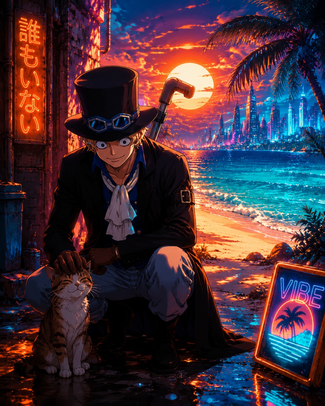 Petting a stray cat in a quiet alley On a sun-drenched beach with turquoise water (futuristic synthwave, neon orange and blue glow)