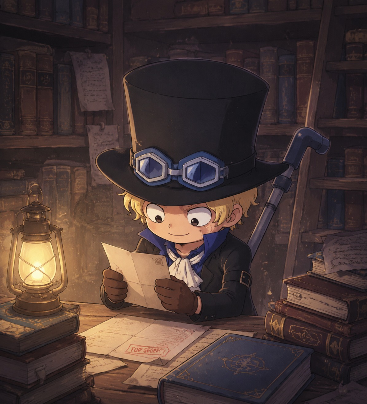Reading a secret letter under a dim light In a dusty library surrounded by ancient books (adorable chibi style, soft pastel colors)