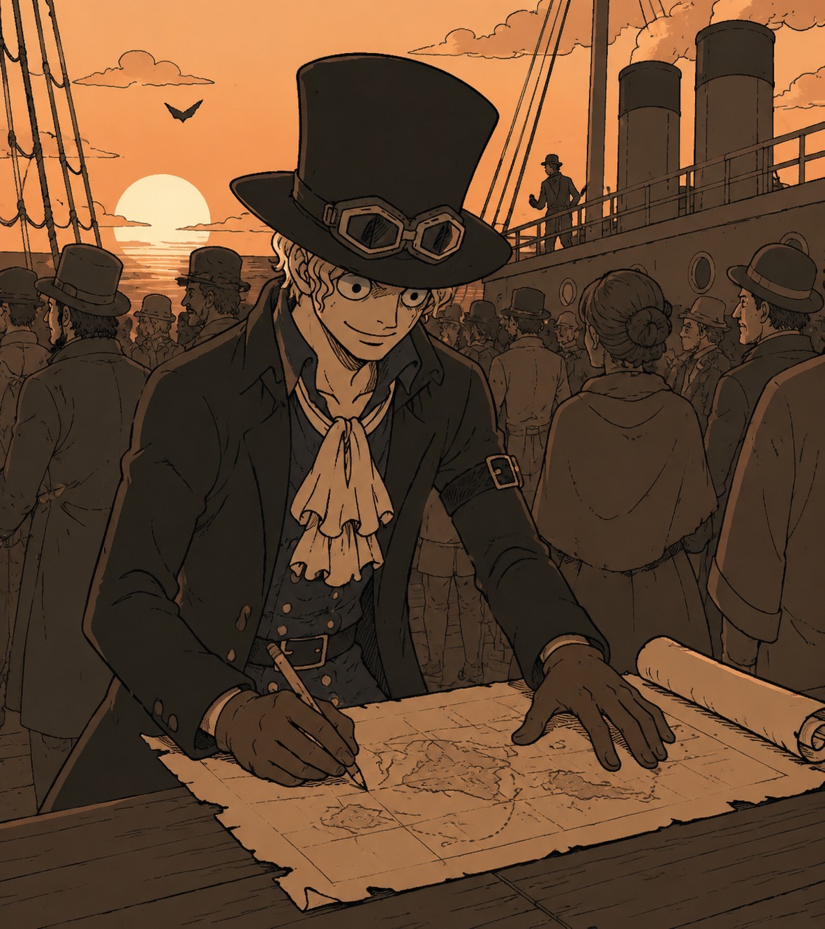 Sketching a tactical map on a weathered scroll On a crowded steamship deck during a sunset (clean minimalist line art, limited color palette)