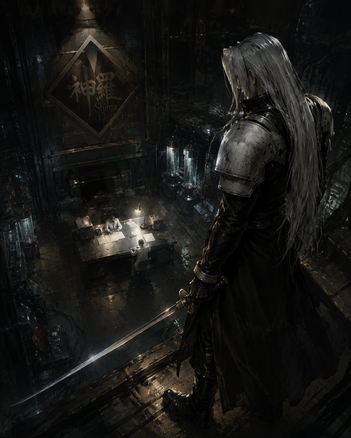 Gazing down from a high ledge with contempt At a desk in a dark Shinra laboratory (gritty oil painting, high contrast lighting)