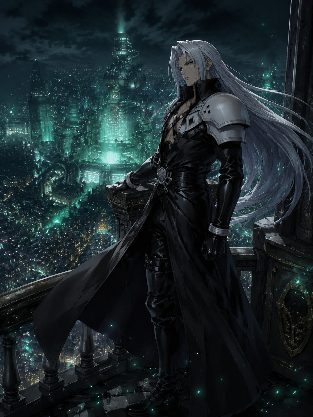 Gazing down from a high ledge with contempt on a high balcony overlooking Midgar at night (dark ethereal fantasy)