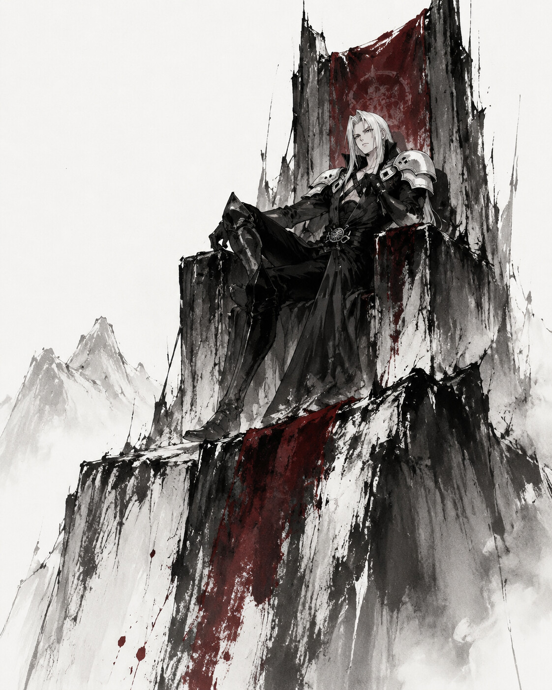 Gazing down from a high ledge with contempt on a silent throne within the Northern Crater (minimalist ink sketch)
