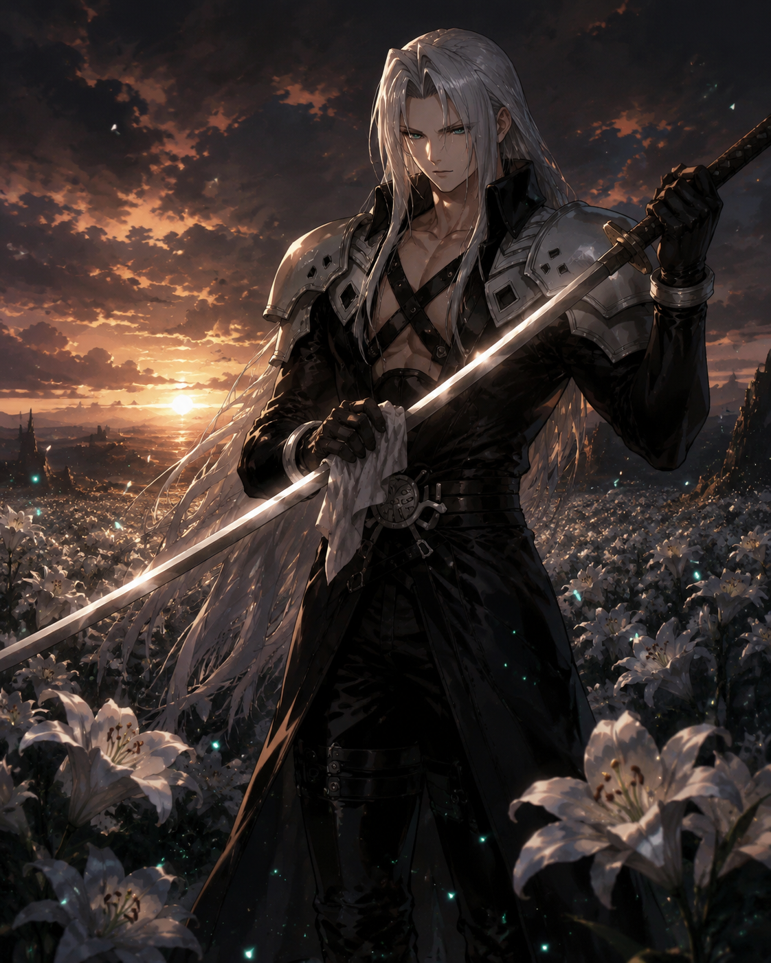 Polishing a long silver blade with a cloth In a field of white lilies under a sunset (dark ethereal fantasy, glowing mako particles)