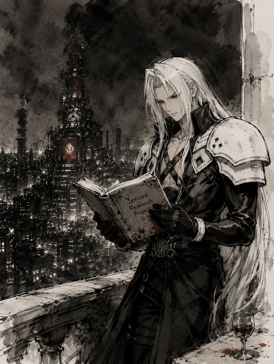 Reading a weathered research journal calmly On a high balcony overlooking Midgar at night (minimalist ink sketch, splash of crimson)