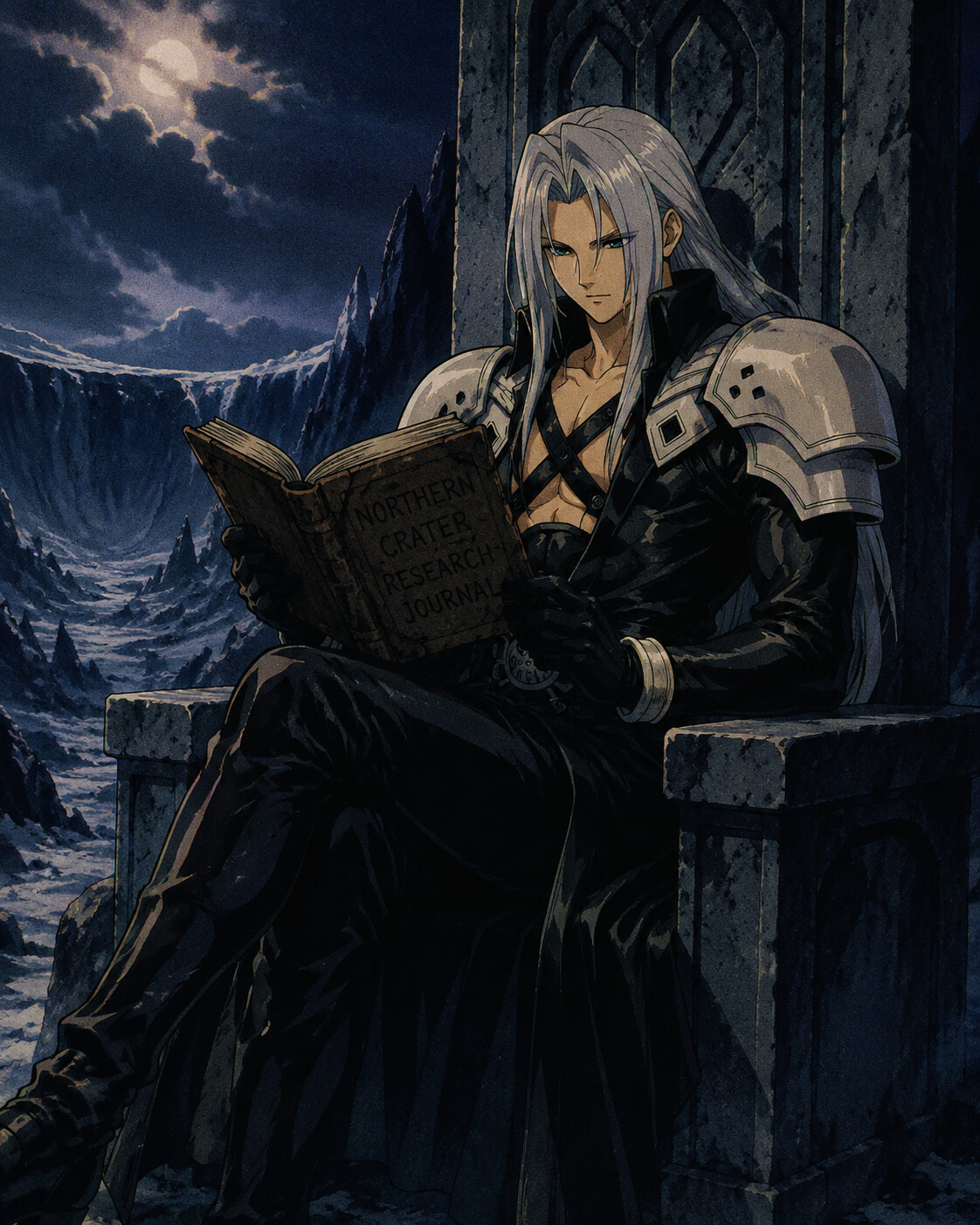 Reading a weathered research journal calmly on a silent throne within the Northern Crater (90s retro anime)