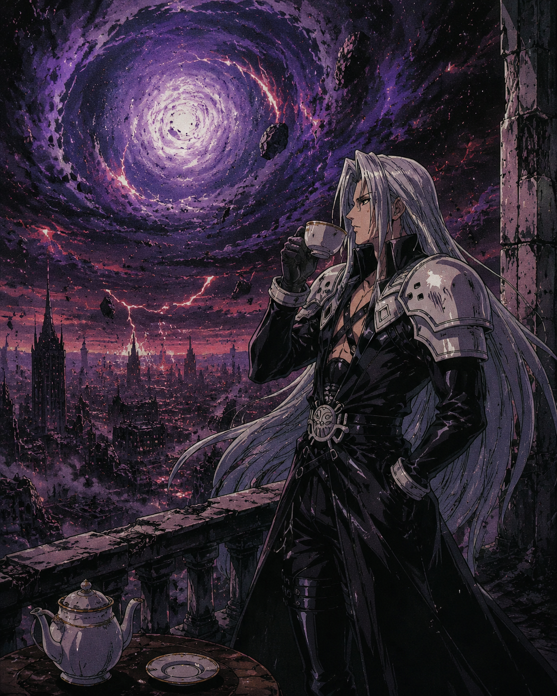 Sipping tea while overlooking a ruined city At the center of a chaotic cosmic storm (90s retro anime, cel-shaded with film grain)