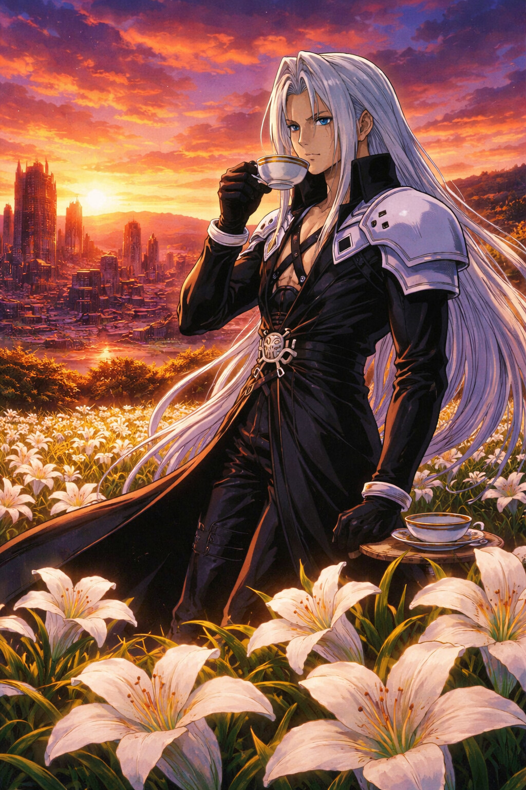 Sipping tea while overlooking a ruined city in a field of white lilies under a sunset (90s retro anime)
