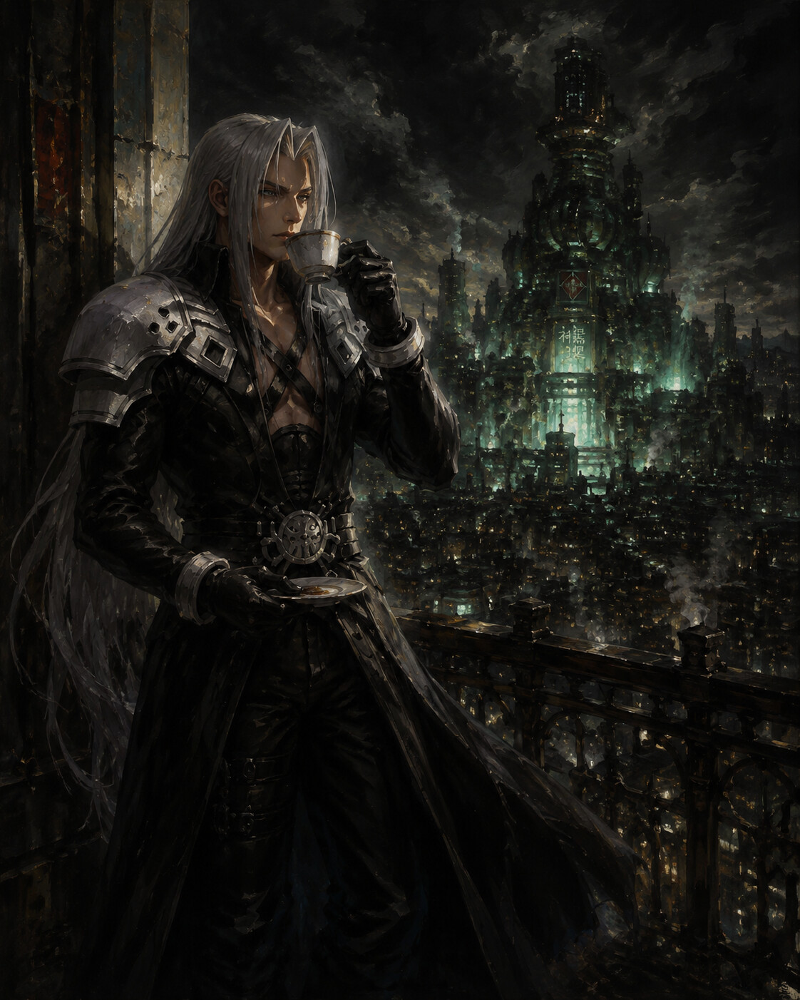 Sipping tea while overlooking a ruined city on a high balcony overlooking Midgar at night (gritty oil painting)