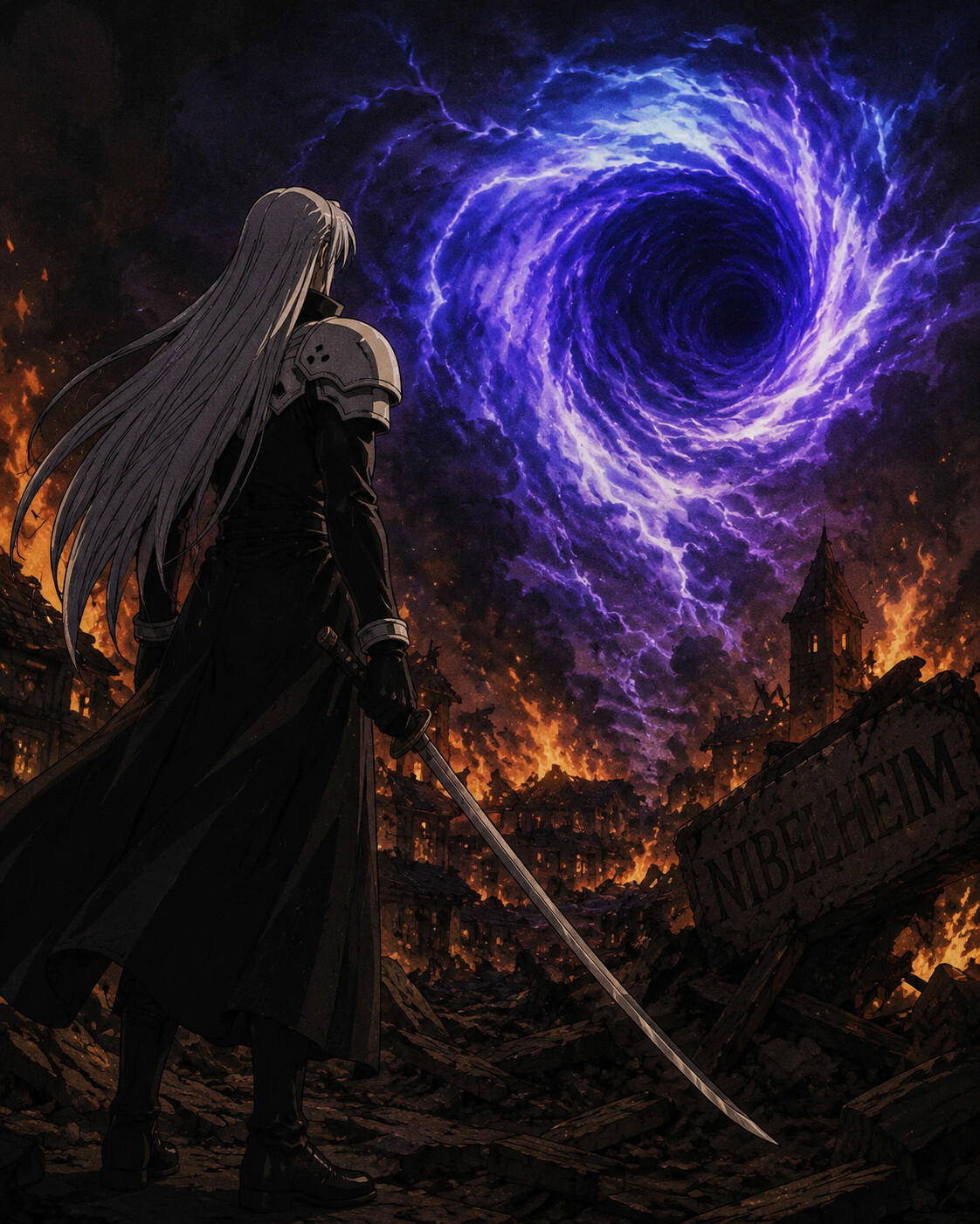 Staring into a swirling vortex of energy in the burning remains of Nibelheim (90s retro anime)
