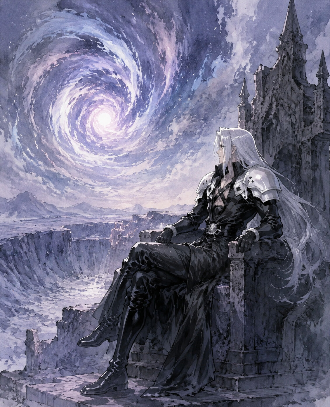 Staring into a swirling vortex of energy on a silent throne within the Northern Crater (dreamy watercolor)