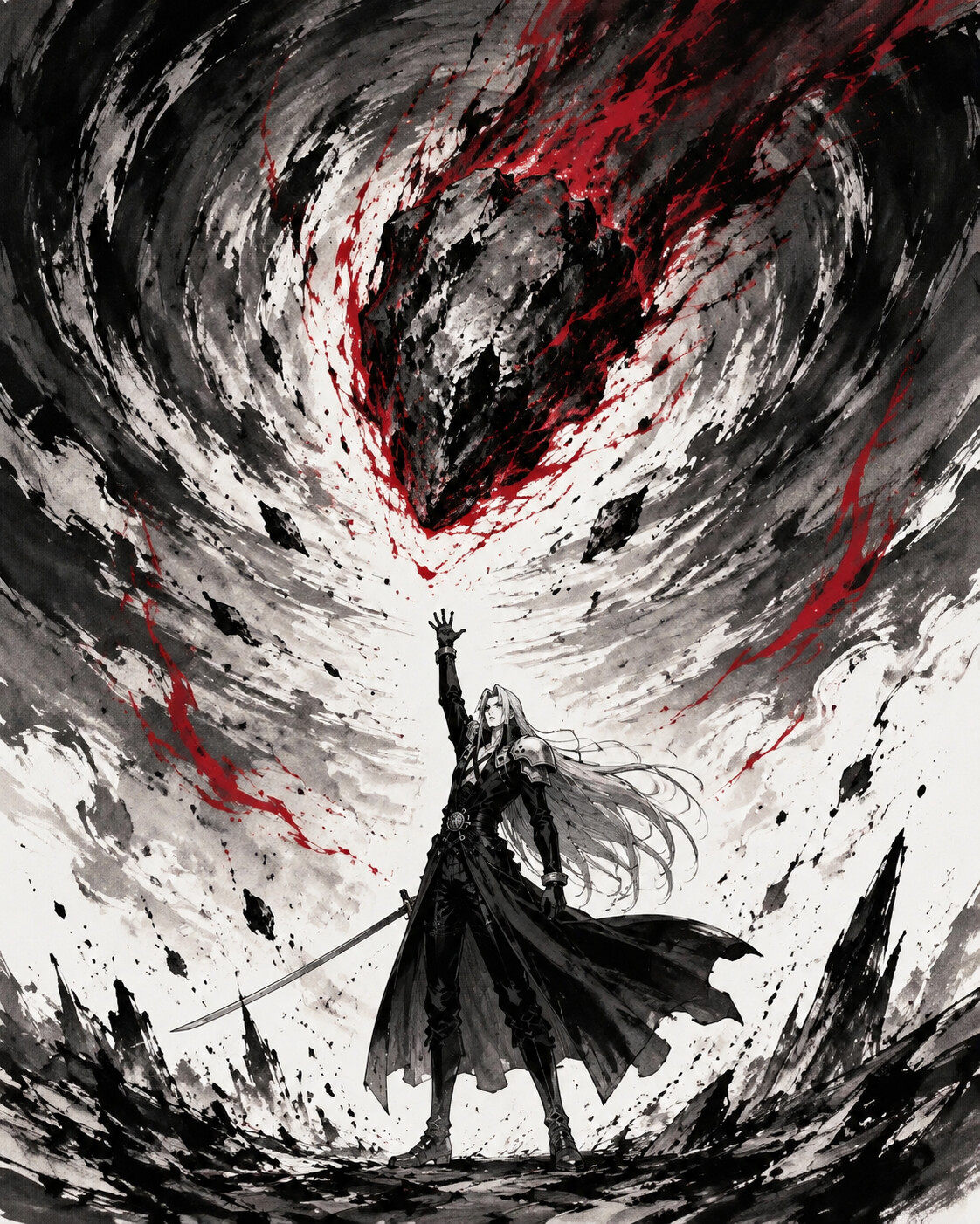 Summoning a meteor from the dark sky at the center of a chaotic cosmic storm (minimalist ink sketch)