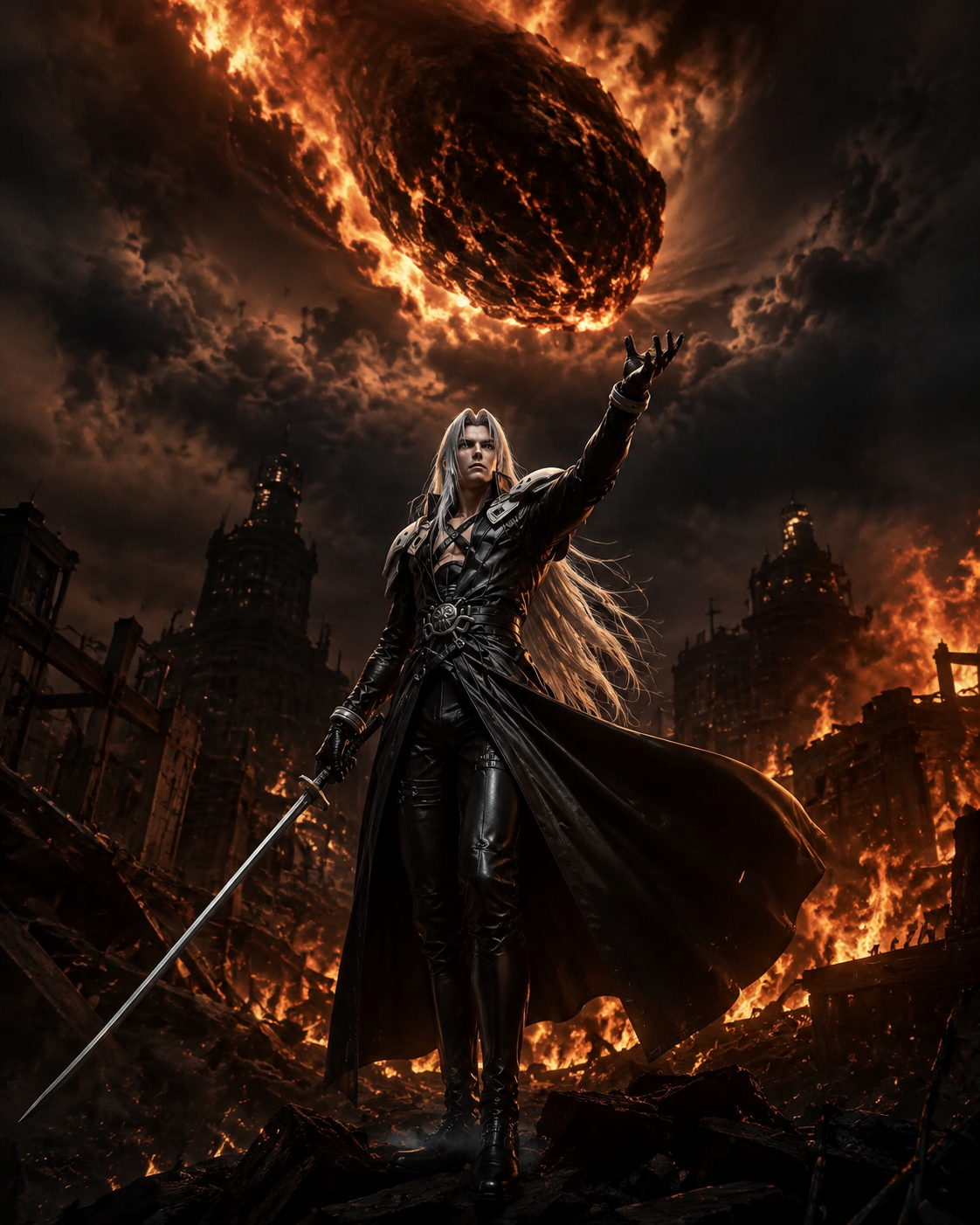 Summoning a meteor from the dark sky In the burning remains of Nibelheim (hyper-realistic cinematic, dramatic rim lighting)