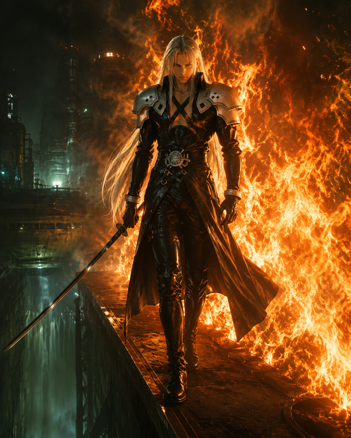 Walking slowly through a wall of fire At the edge of a deep mako reactor pit (hyper-realistic cinematic, dramatic rim lighting)