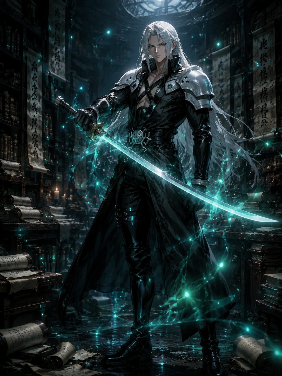 Wielding the masamune with lethal precision In a quiet library filled with ancient scrolls (dark ethereal fantasy, glowing mako particles)