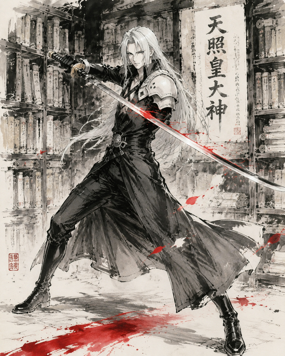 Wielding the masamune with lethal precision In a quiet library filled with ancient scrolls (minimalist ink sketch, splash of crimson)