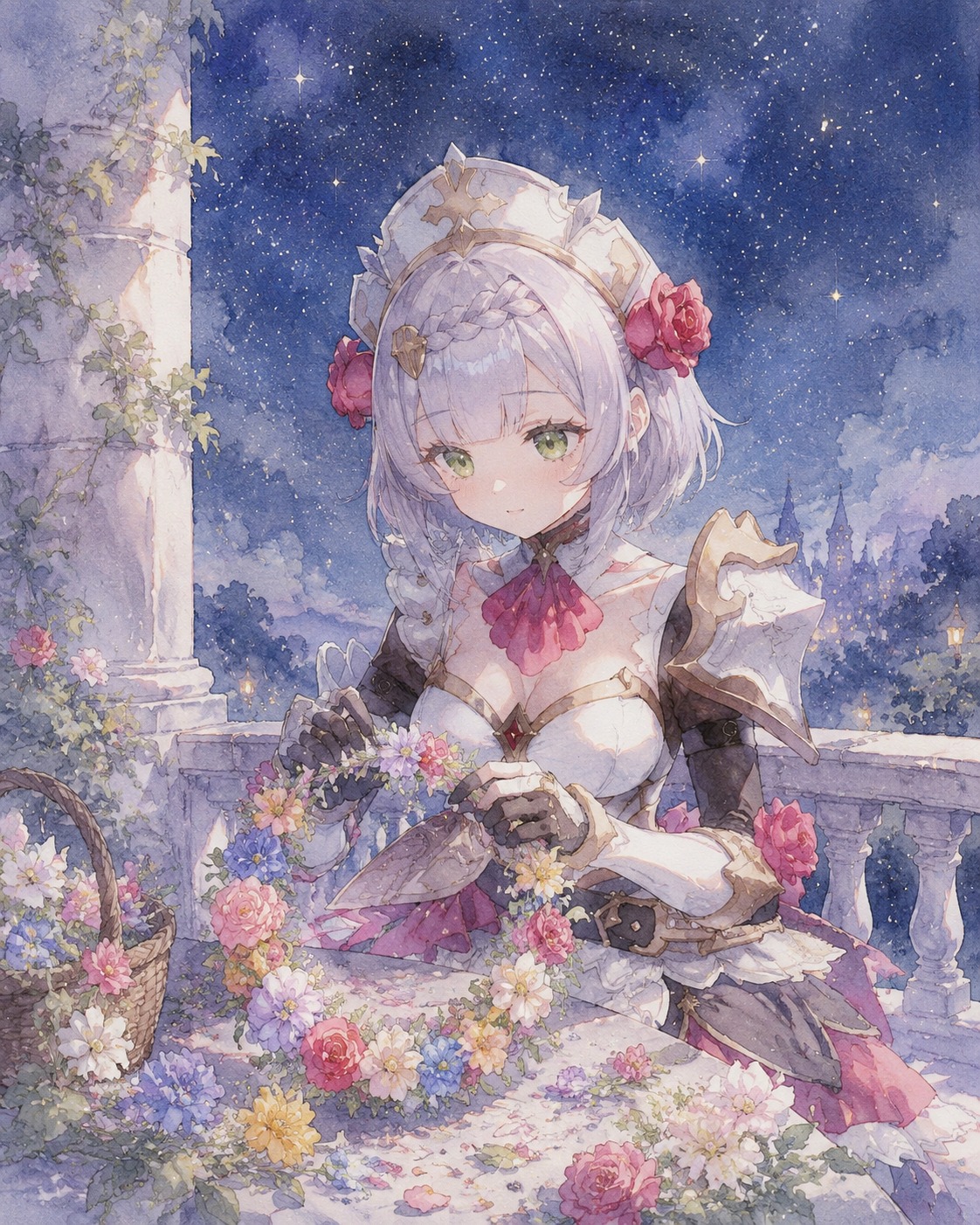 Braiding colorful flowers into a wreath On a stone balcony under a starry night (delicate watercolor, soft pastel palettes)