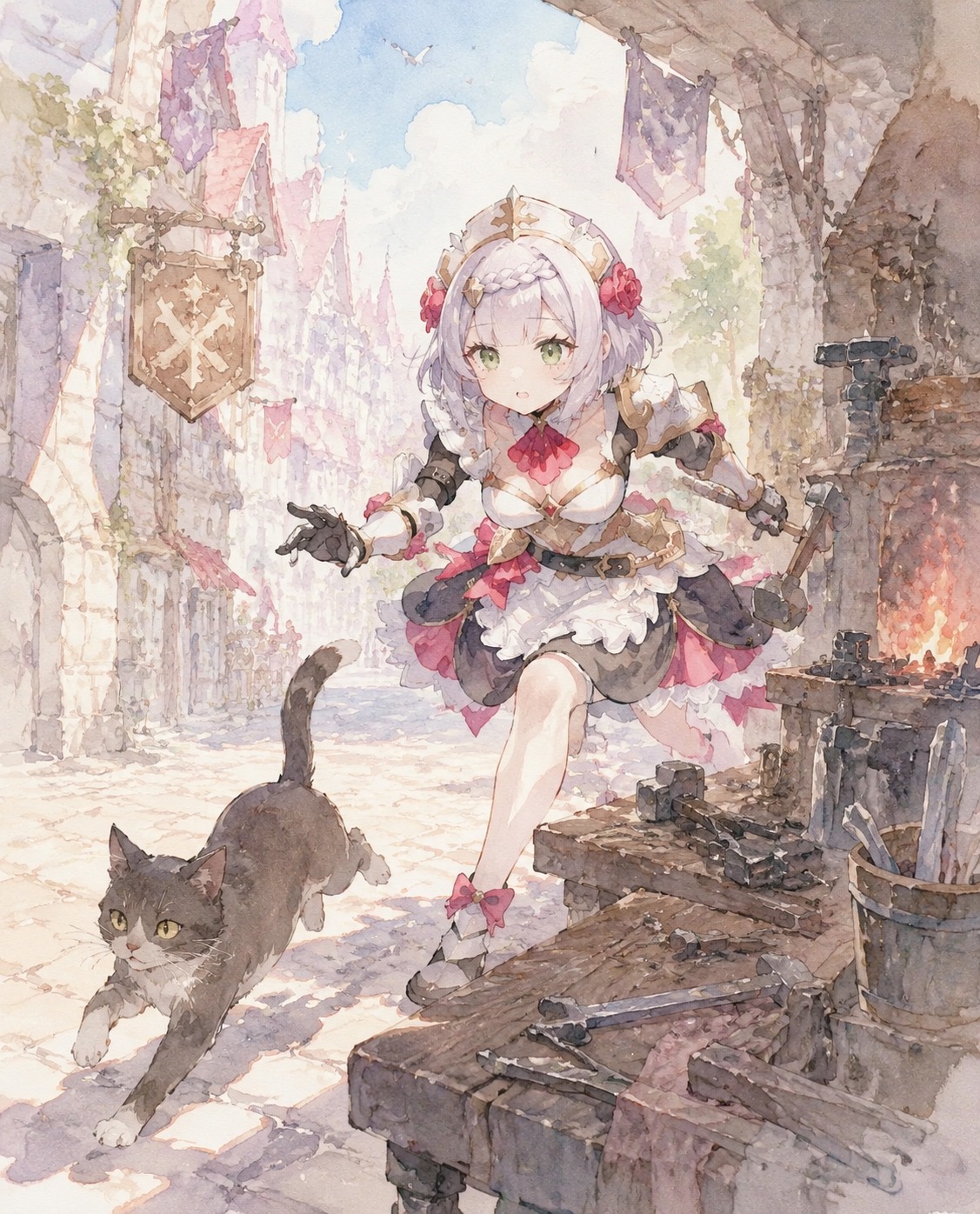 Chasing a stray cat through the city At a messy wooden workbench in the forge (delicate watercolor, soft pastel palettes)