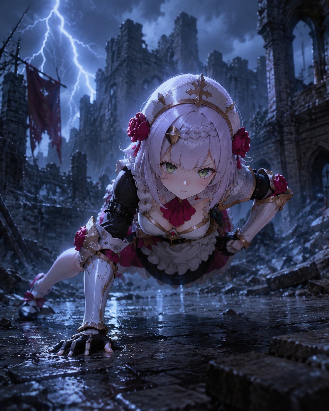 Performing intense one-handed pushups In a ruined castle during a thunderstorm (cinematic fantasy, dramatic volumetric lighting)