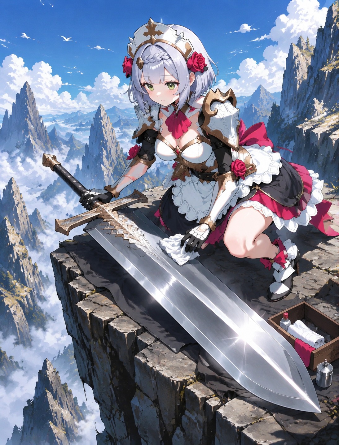 Polishing a massive steel claymore At the edge of a jagged mountain cliffside (vibrant anime style with crisp lineart)