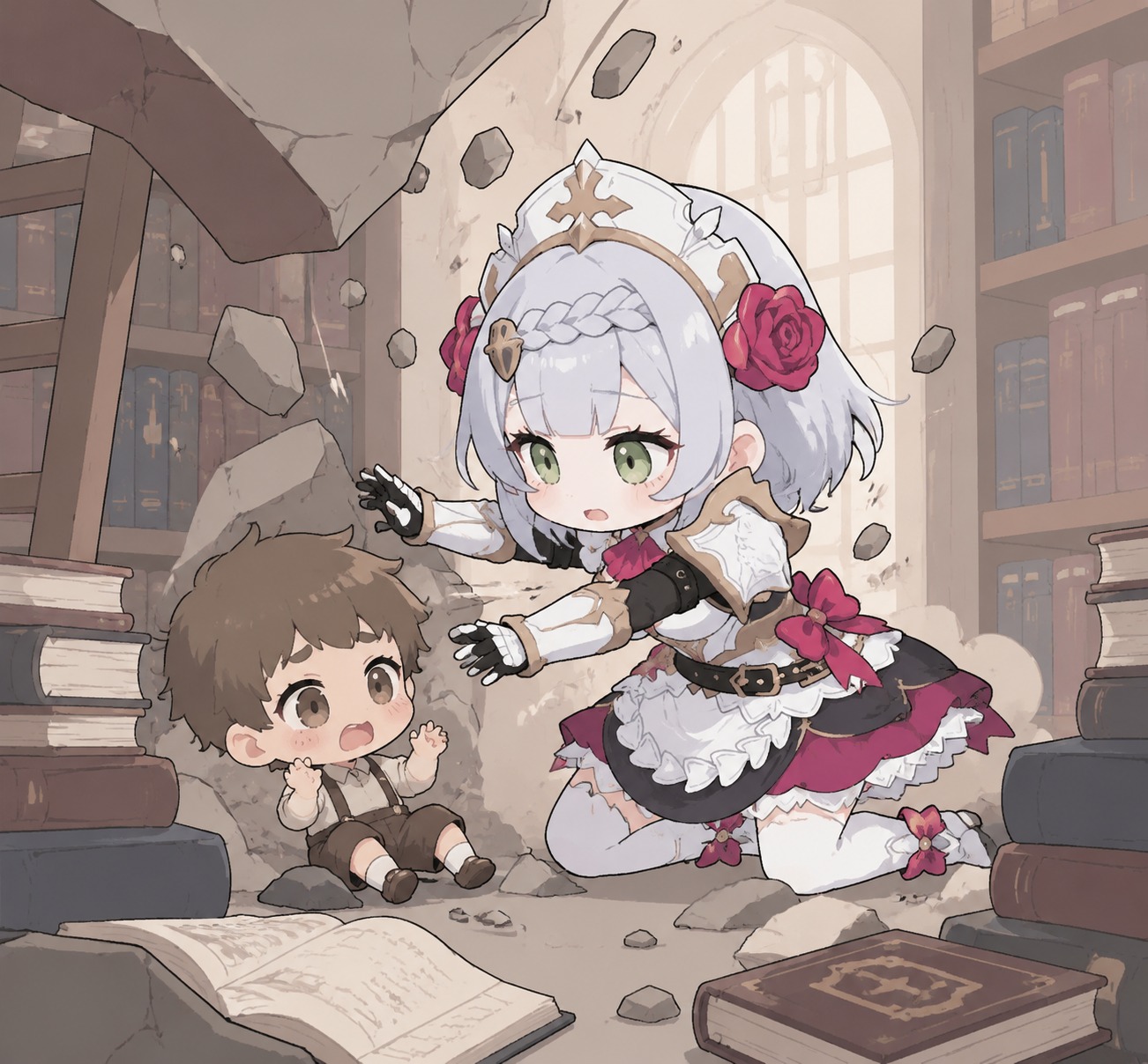 Rescuing a small child from falling rubble In a quiet library surrounded by ancient books (chibi cute style, minimalist flat colors)