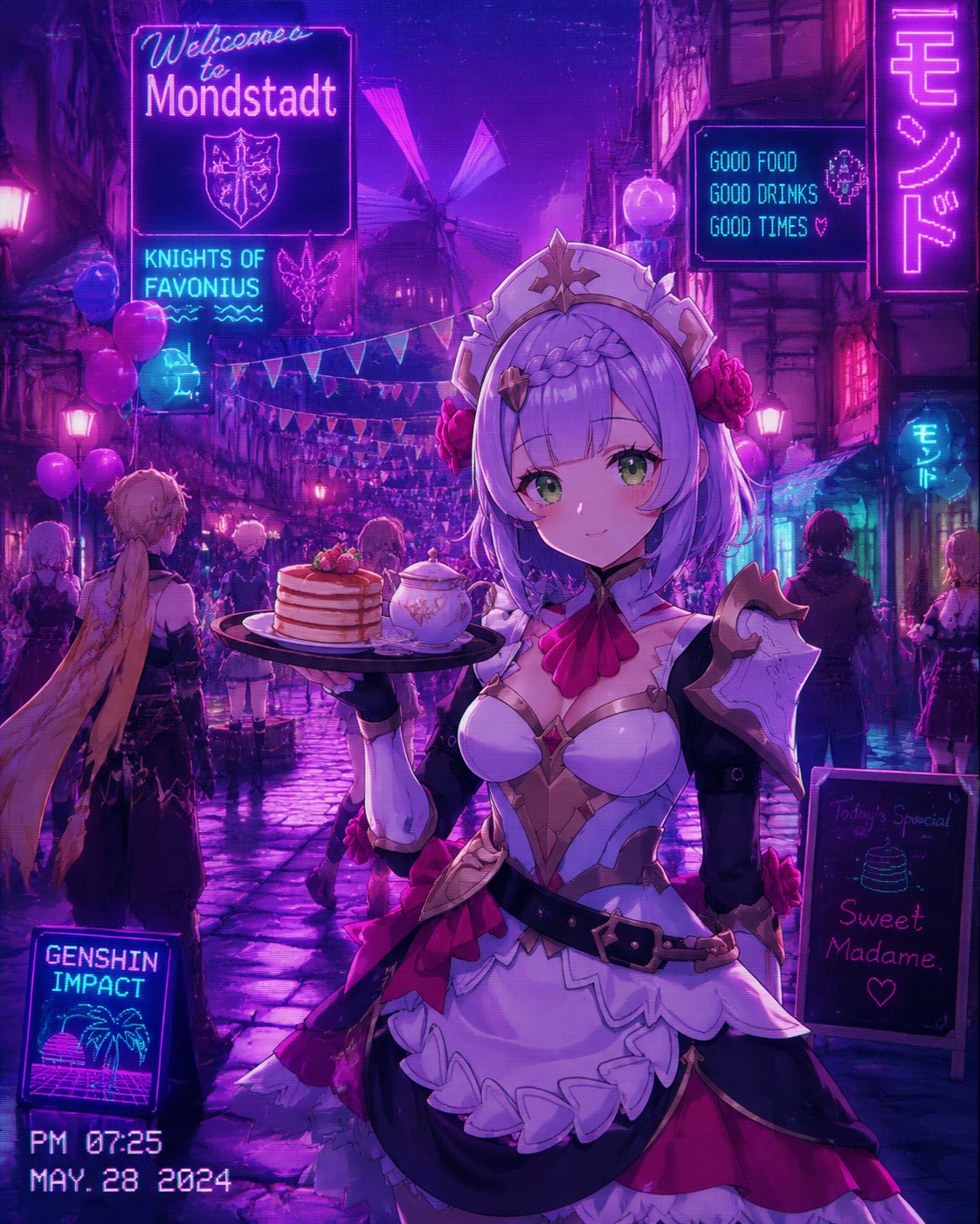 Serving a tray of tea and pancakes On a bustling Mondstadt street during a festival (vaporwave aesthetic, neon purple and teal hues)