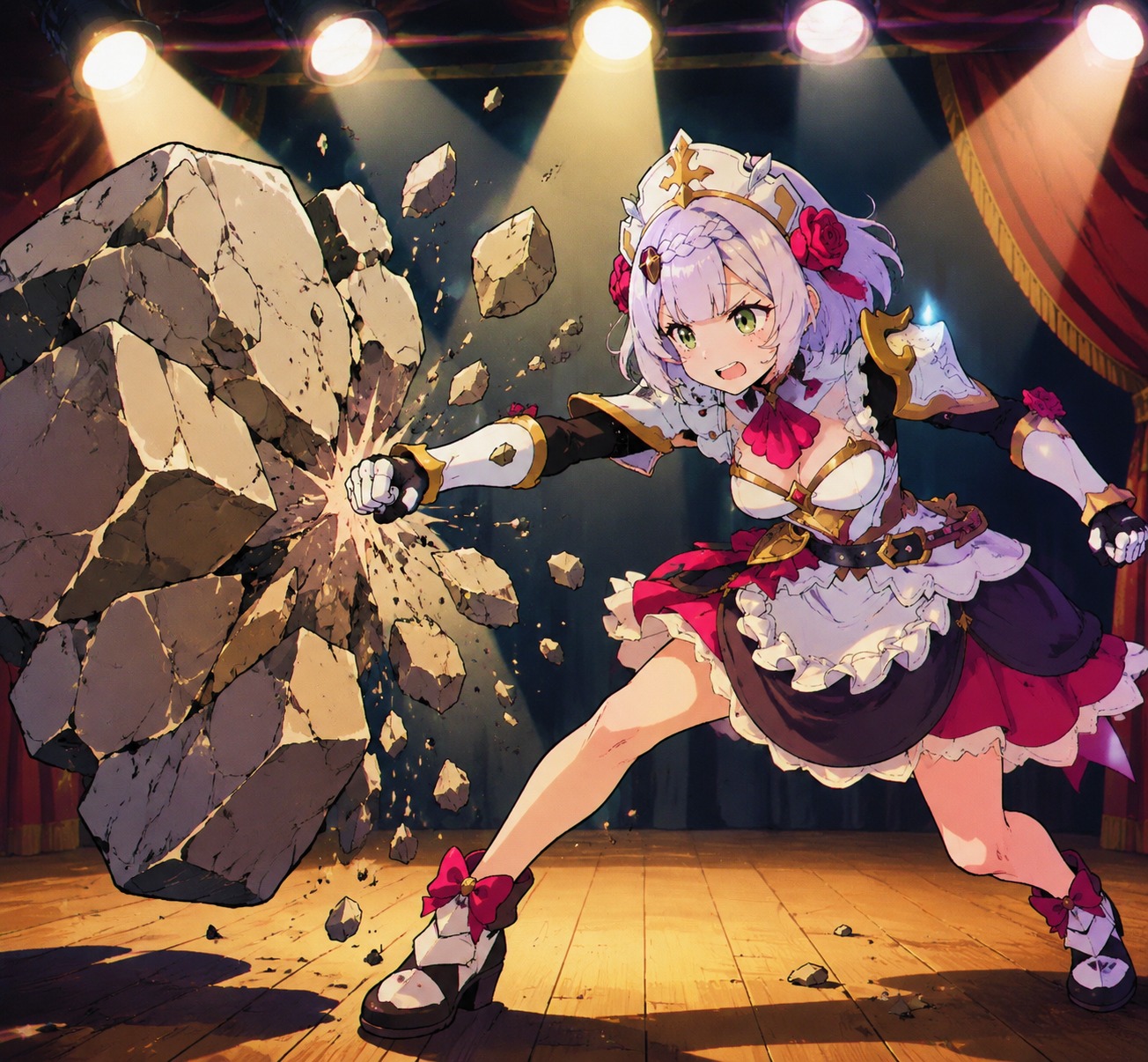 Shattering a large boulder with her fist Under bright spotlights on a wooden theatre stage (retro 90s cel-shaded aesthetic)