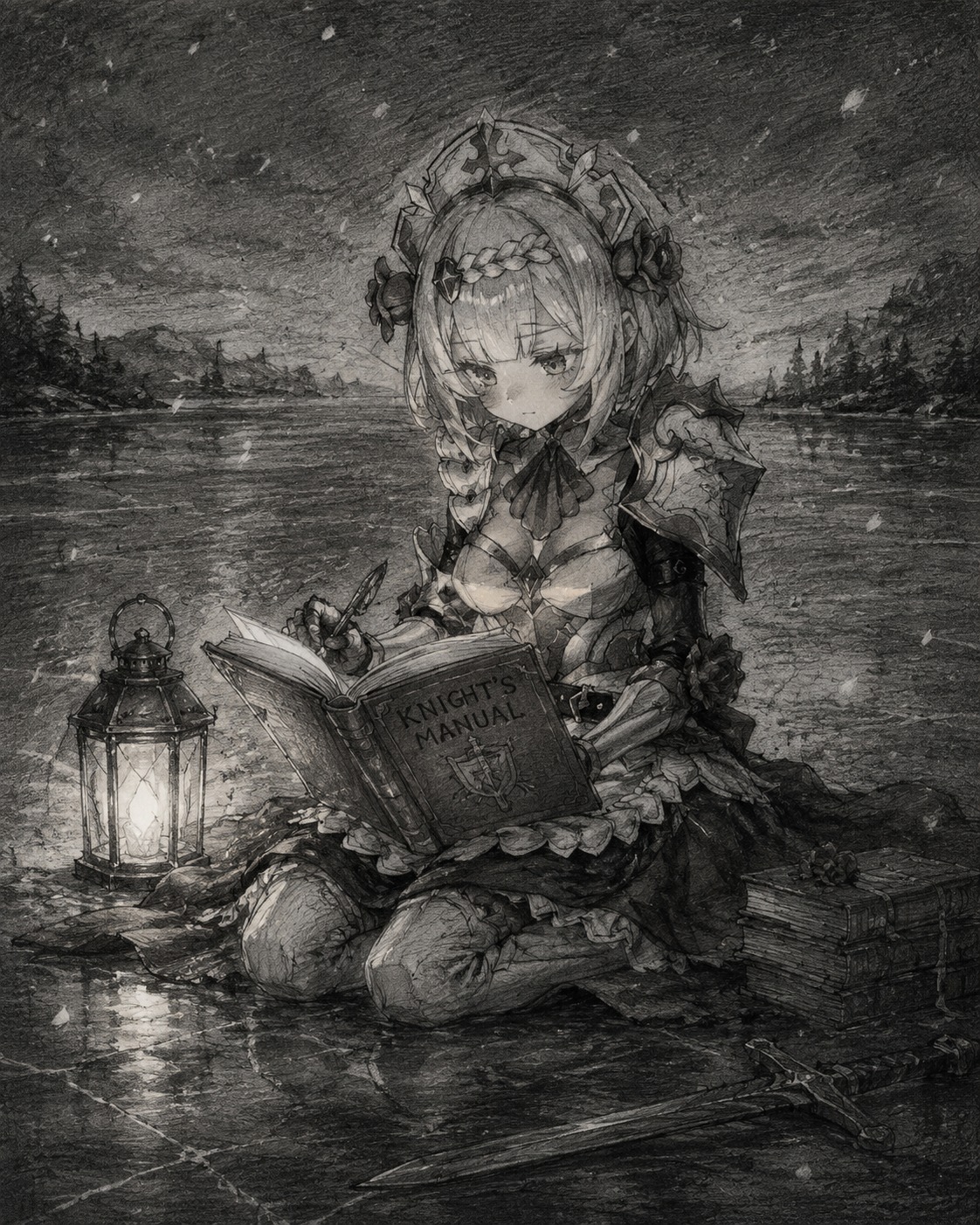 Studying a knight's manual under a lamp On a frozen lake during a light snowfall (dark charcoal sketch, rough paper texture)
