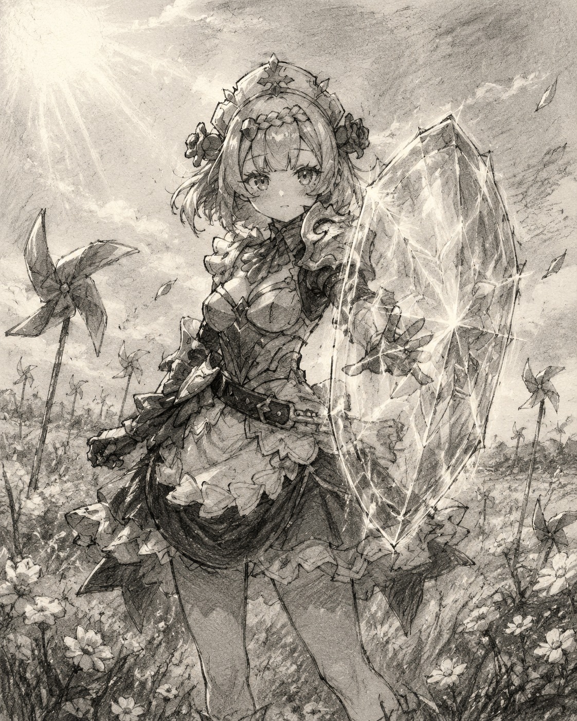 Summoning a glowing crystalline shield In a sun-drenched meadow filled with windwheels (dark charcoal sketch, rough paper texture)