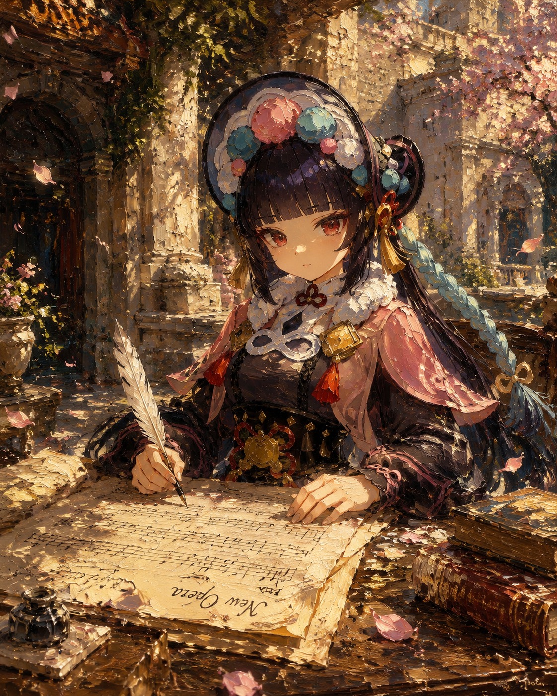 Drafting a new opera script with a quill In a sun-drenched courtyard with falling blossoms (gritty oil painting with thick textures)