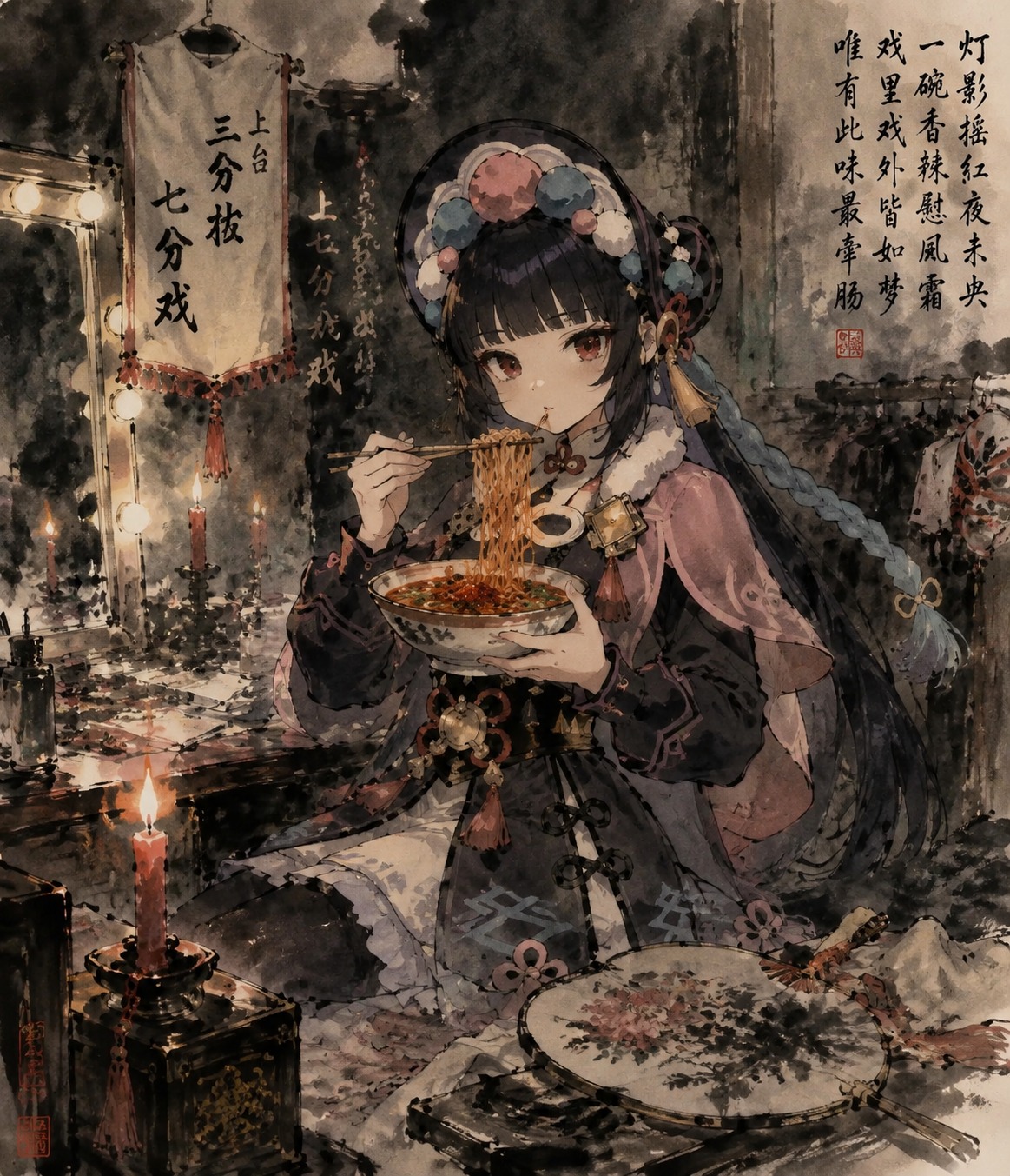 Enjoying a bowl of spicy noodles At a candlelit backstage dressing room (traditional Chinese ink wash painting)