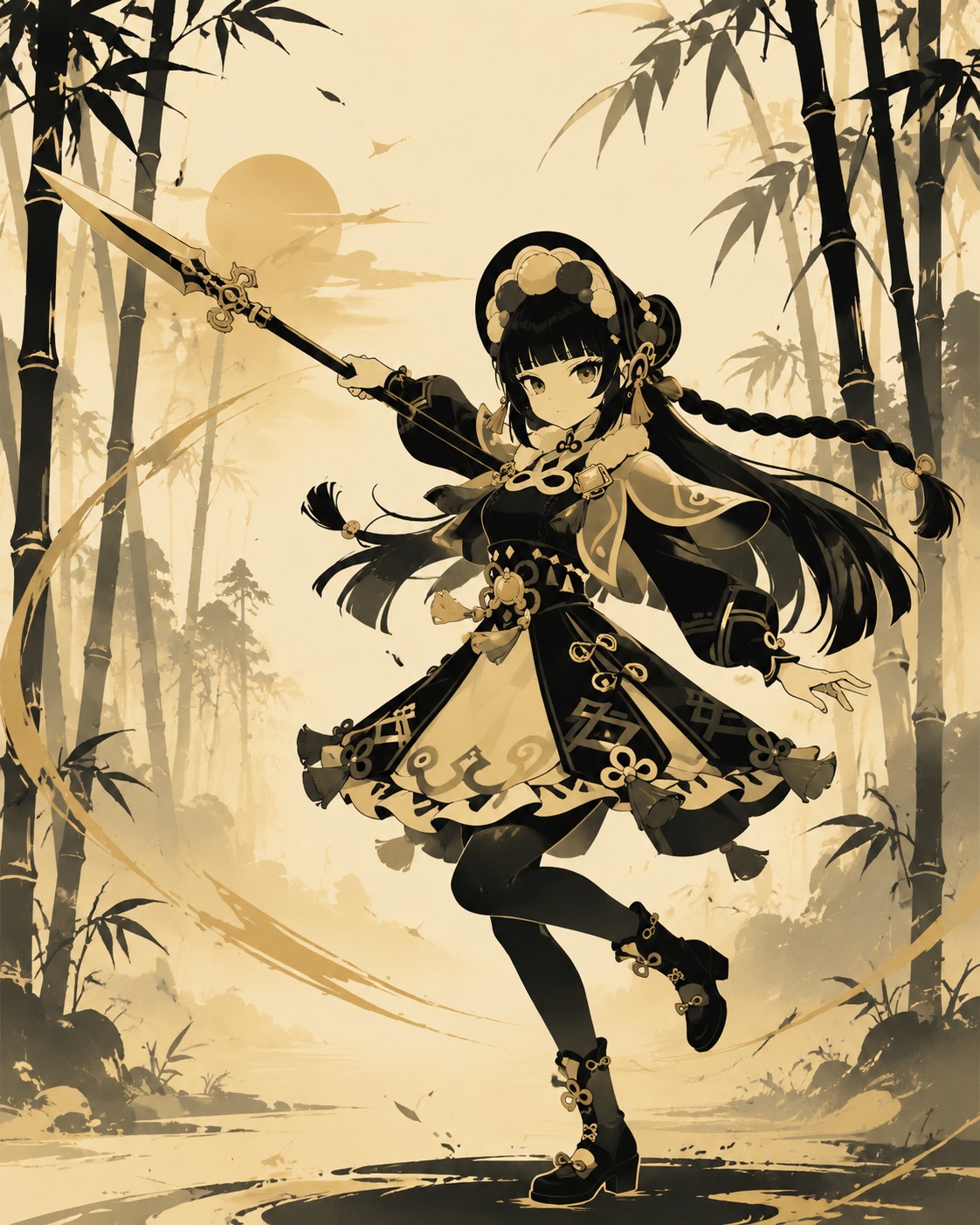Performing a spirited spear dance In a misty bamboo forest at dawn (minimalist vector art in gold and black)