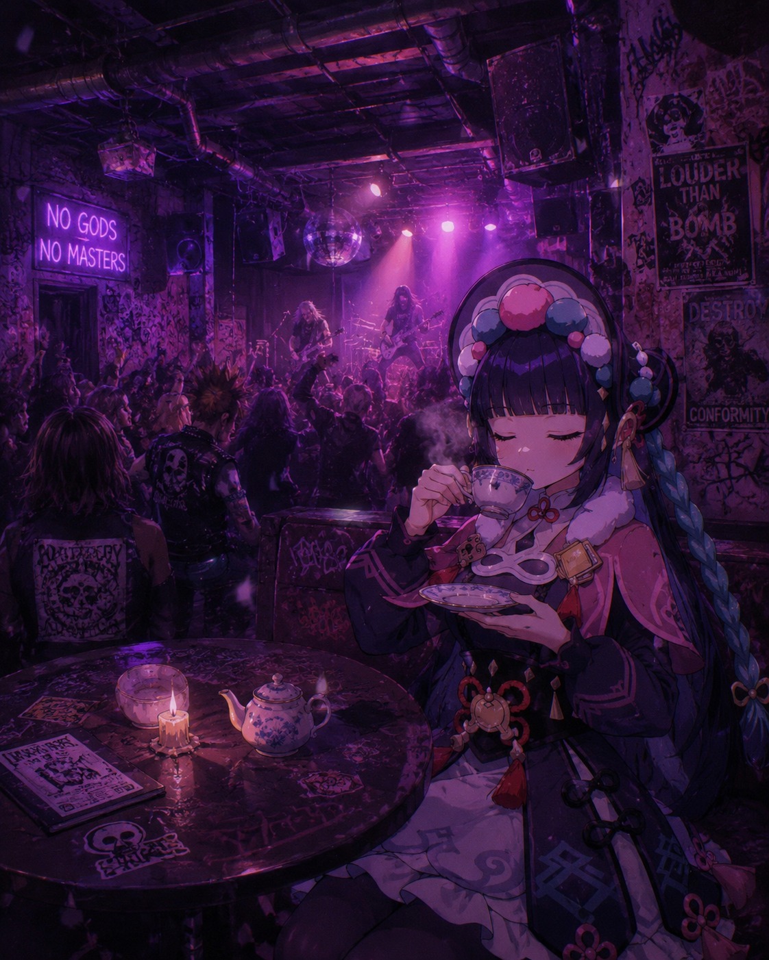 Sipping hot tea from a porcelain cup At a chaotic underground rock concert (dreamy lo-fi aesthetic with purple hues)