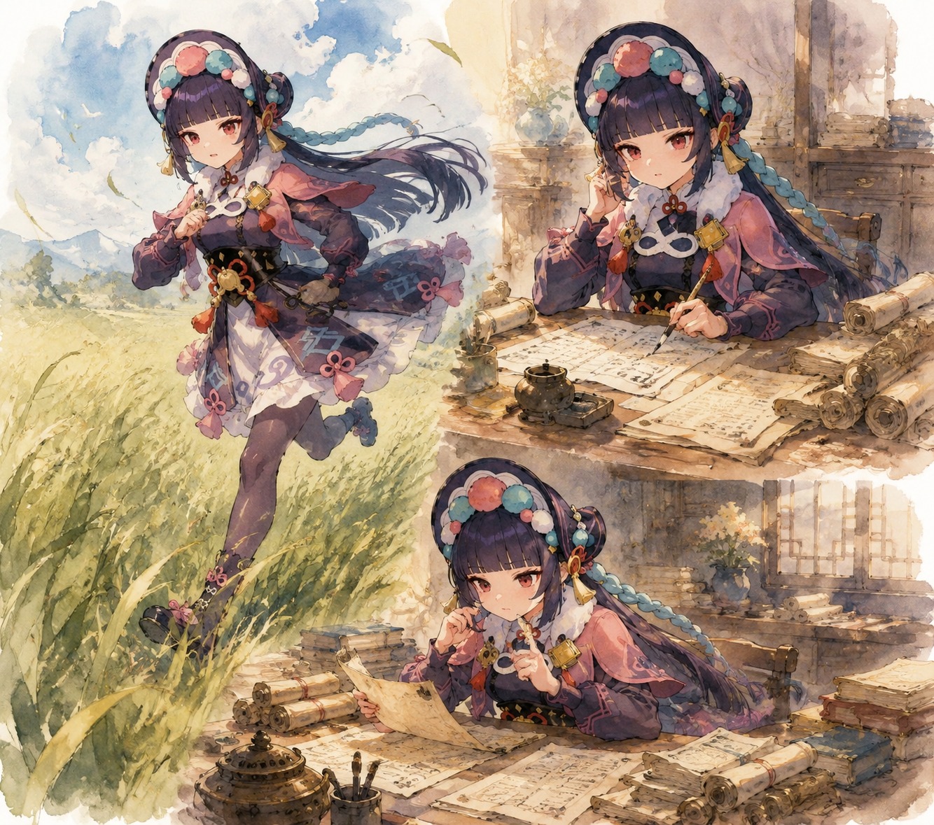 Sprinting across a field of tall grass At a cluttered desk piled with scrolls (soft watercolor anime style)