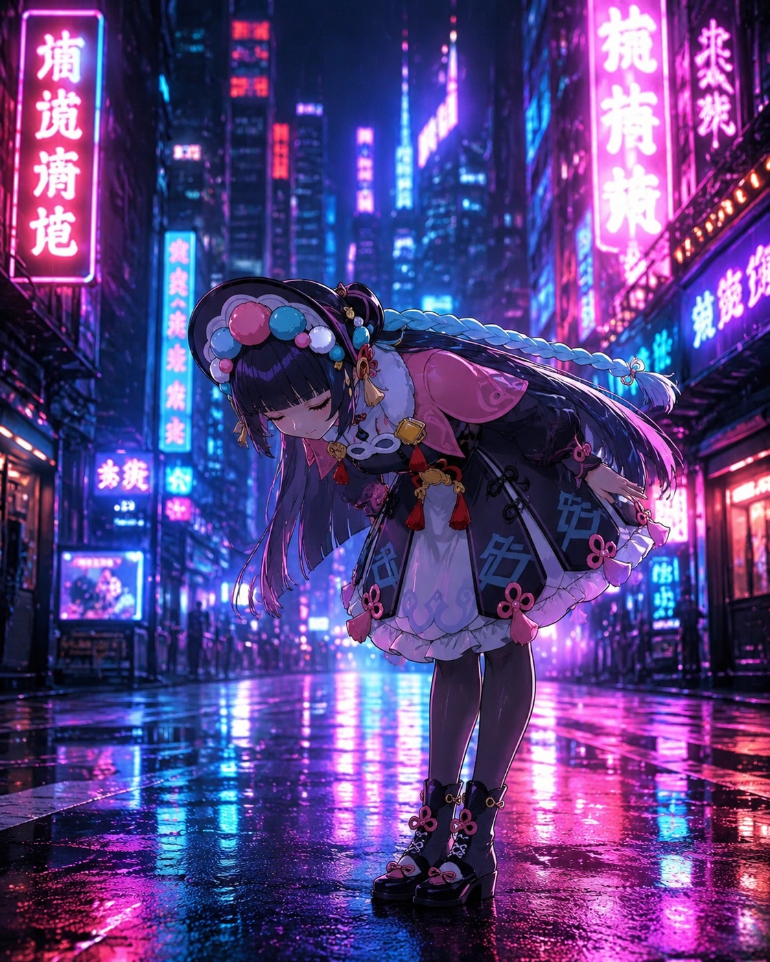 Taking a deep bow after a performance On a neon-lit city street at night (cyberpunk aesthetic with neon glow)
