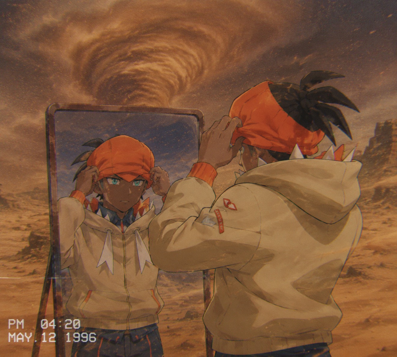 Adjusting his signature orange headband in a mirror In a vast desert during a swirling sandstorm (90s retro lo-fi aesthetic with grainy filters)