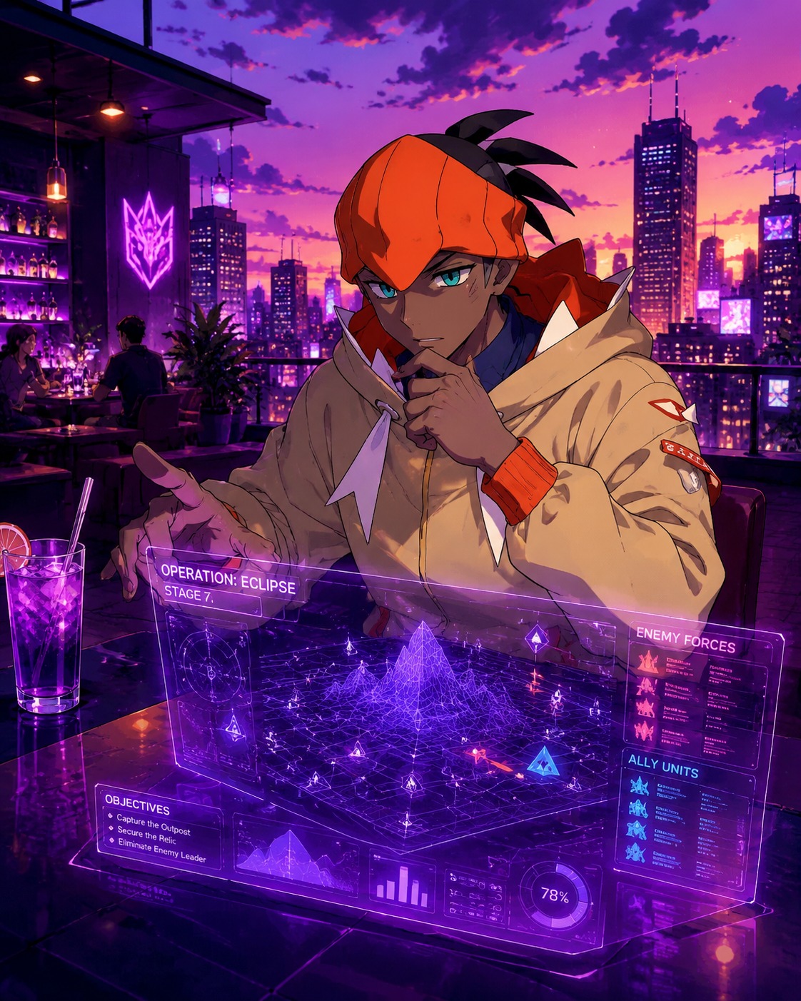 Analyzing a complex holographic battle strategy At a trendy rooftop lounge during a purple sunset (vibrant anime style with bold cel shading)